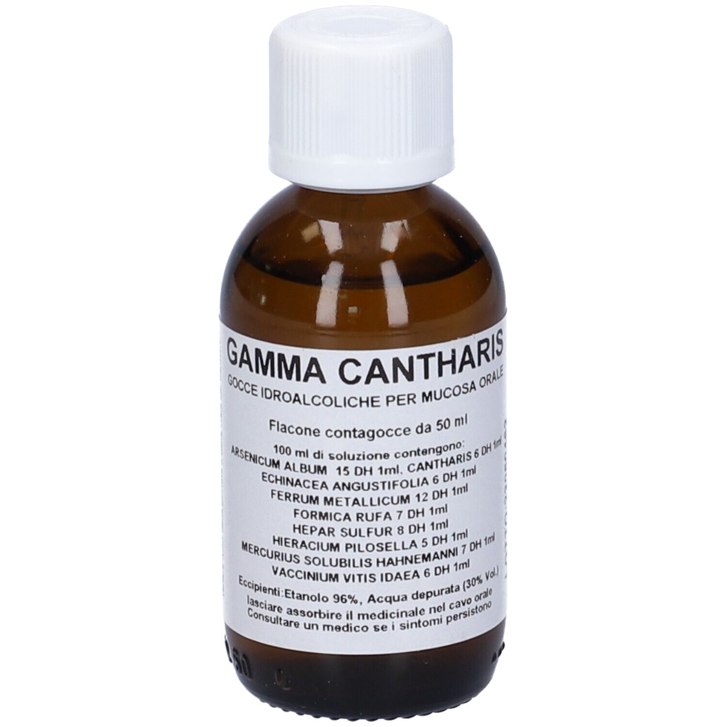 Flacone di vetro marrone con tappo bianco. Scritta: Gamma Cantharis Gocce Idroalcoliche. Etichetta con ingredienti.