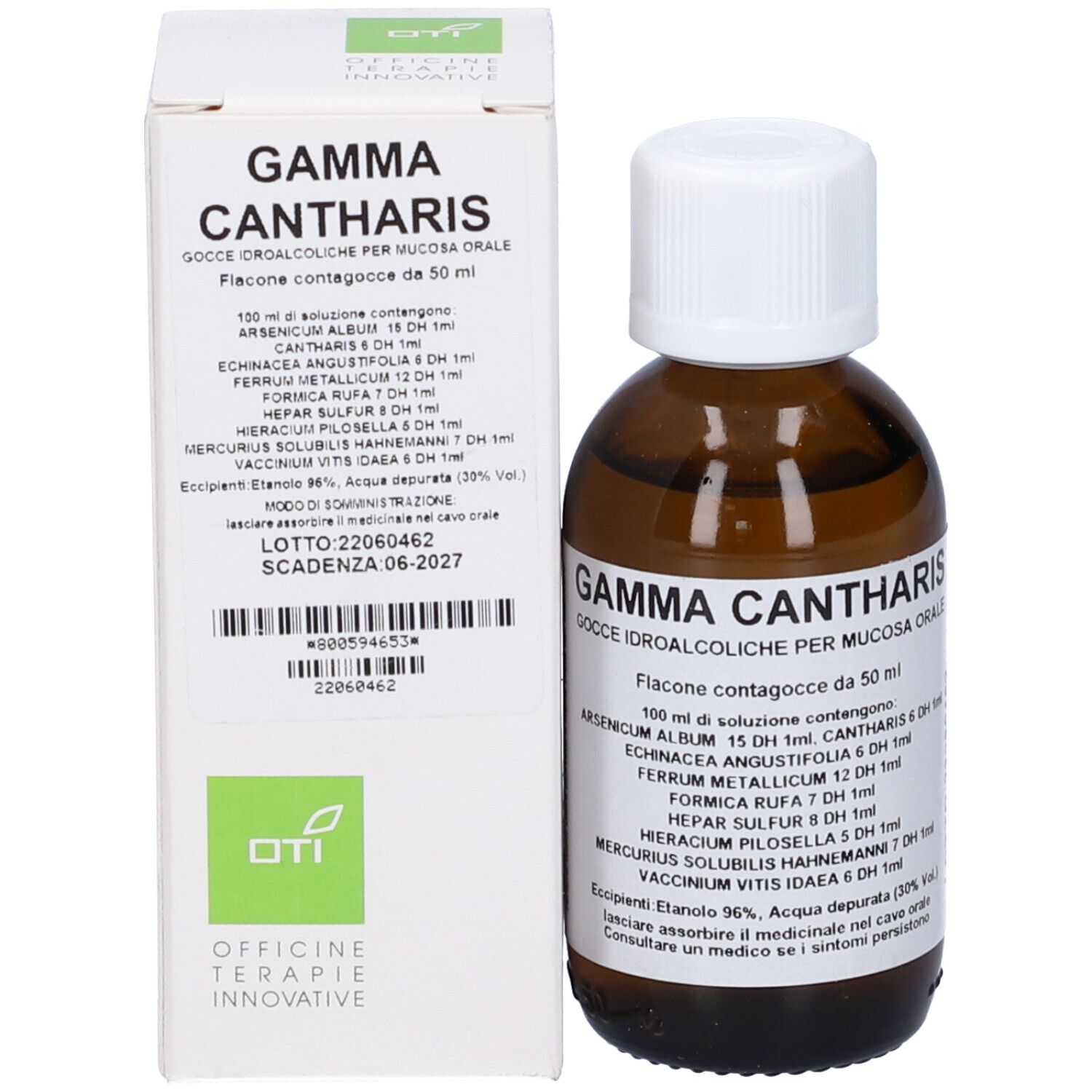 Flacone di vetro marrone con tappo bianco e scatola. Scritta: Gamma Cantharis Gocce Idroalcoliche. Etichetta e confezione.
