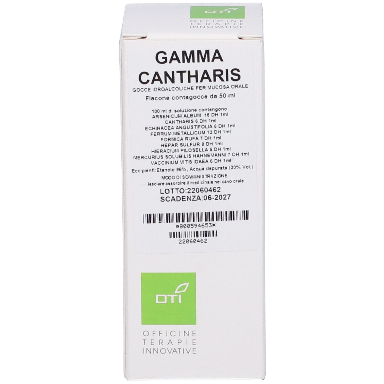 Scatola bianca con scritta: Gamma Cantharis Gocce Idroalcoliche. Etichetta e confezione.