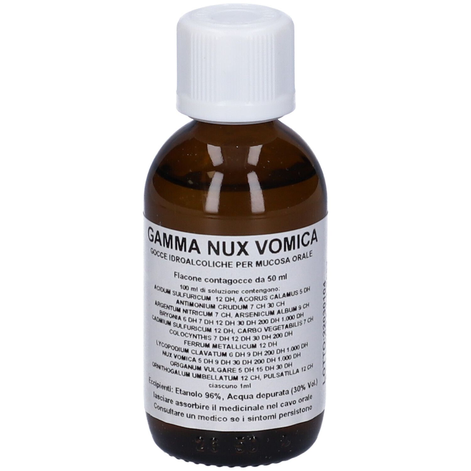 Flacone di vetro marrone con tappo bianco. Scritta: Gamma Nux Vomica Composto Gocce. Contiene ingredienti e dosaggio.