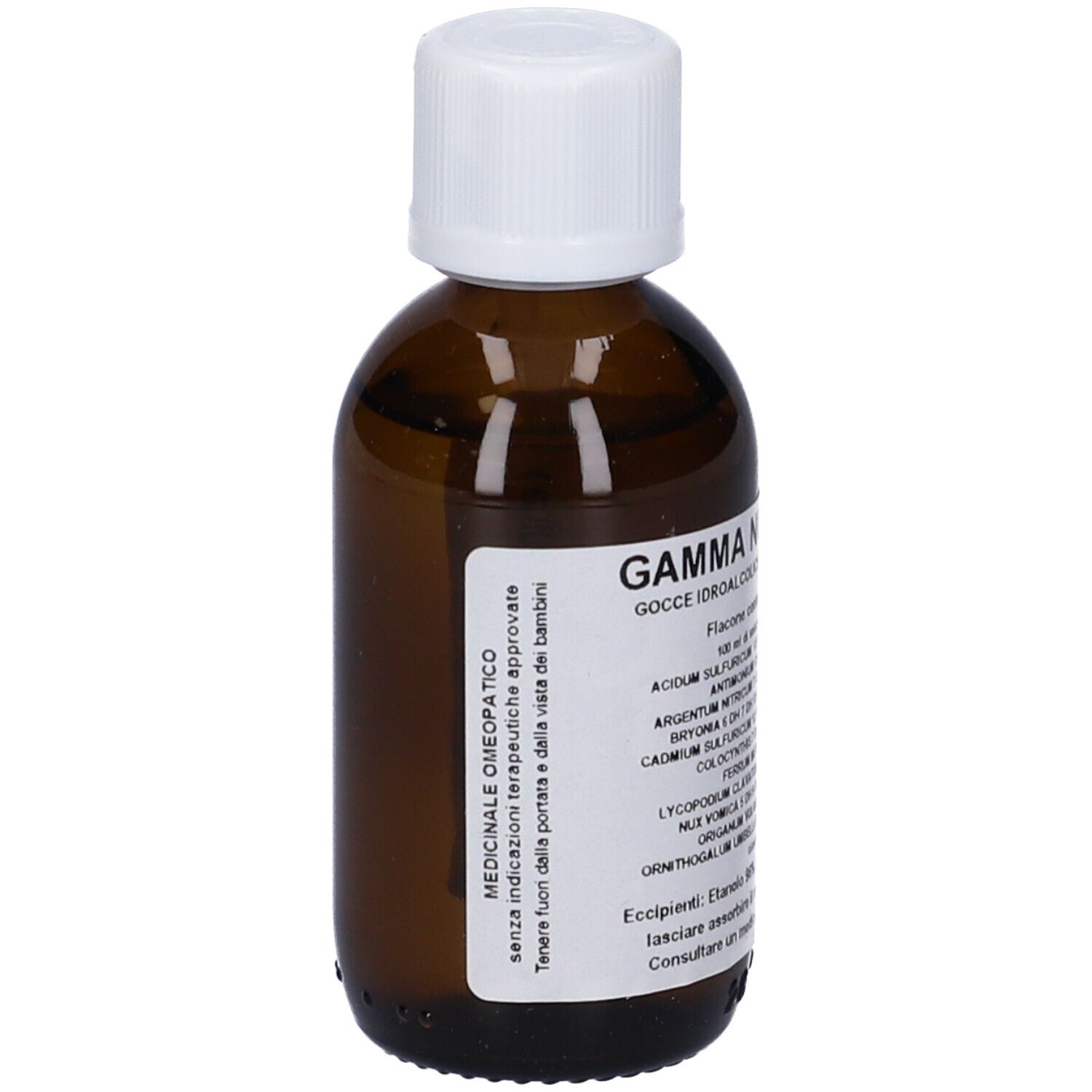 Flacone di vetro marrone con tappo bianco. Etichetta con ingredienti e avvertenze. Prodotto medico.