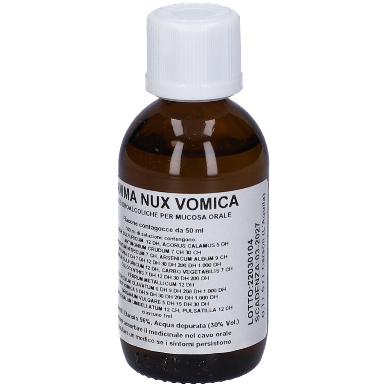 Flacone di vetro marrone con tappo bianco. Etichetta con nome del prodotto, ingredienti e dosaggio.