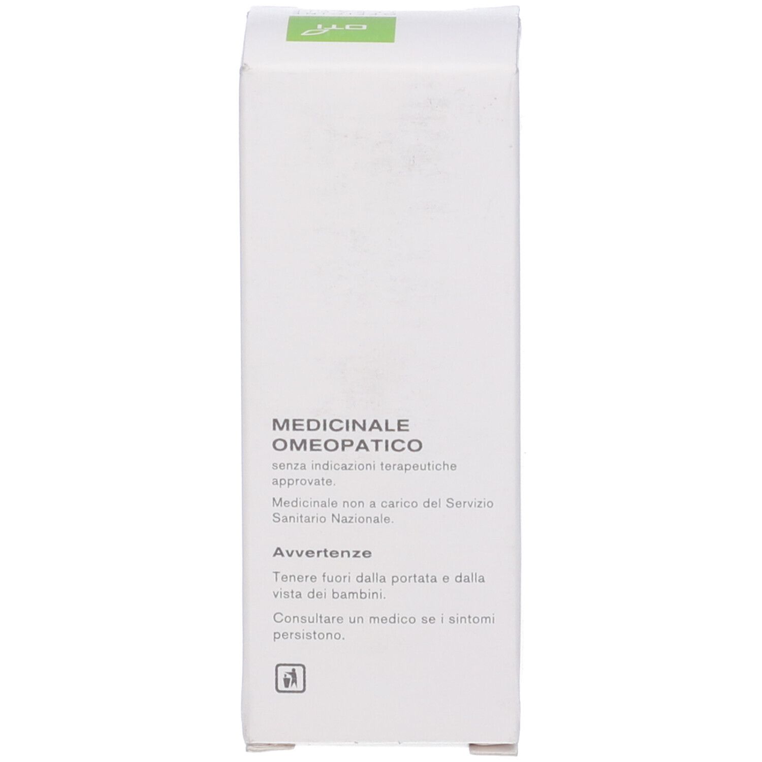 Scatola bianca con marchio verde. Testo: Prodotto medico, avvertenze e contatti.