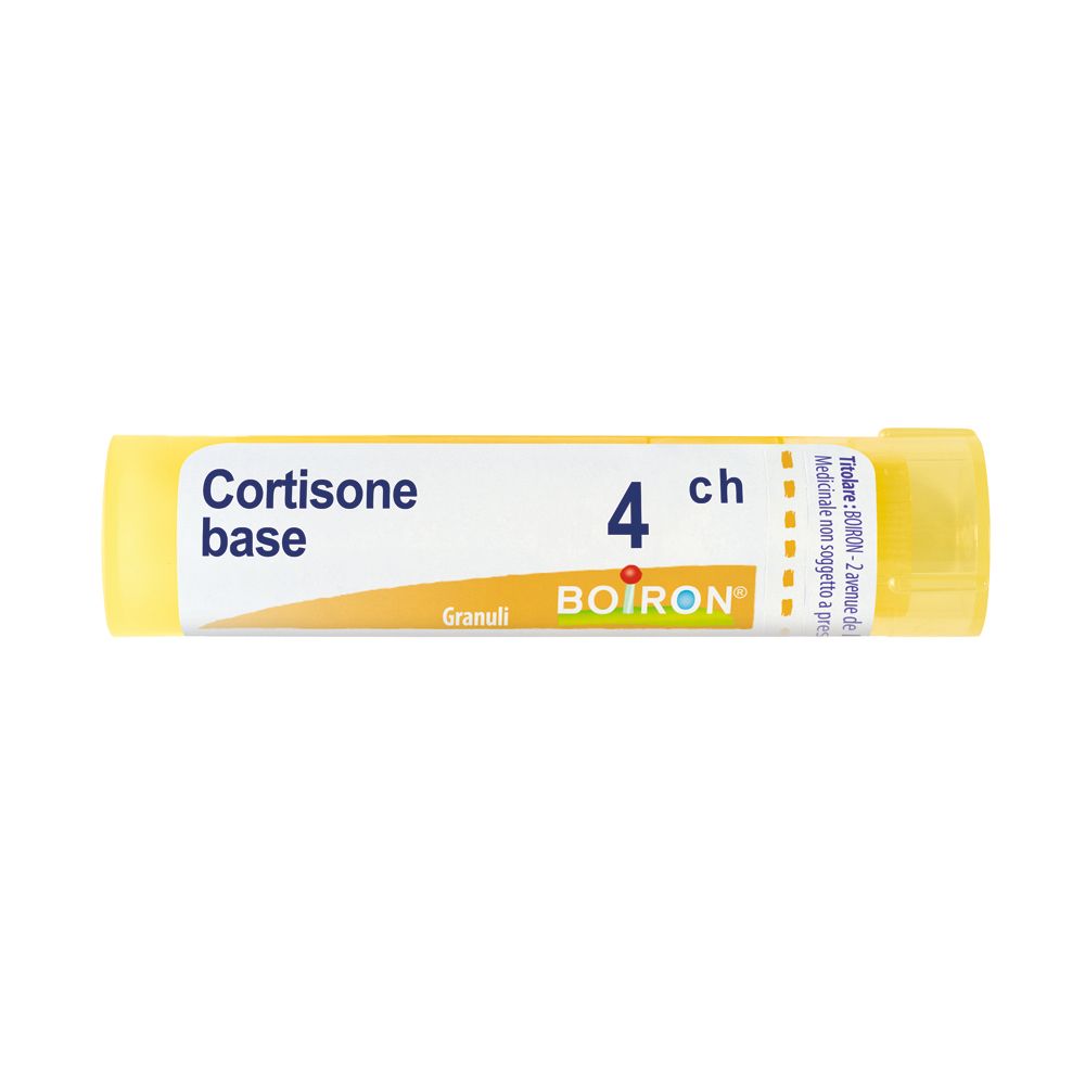 Tubo giallo con etichetta bianca. Scritta: Cortisone base, 4 ch, BOIRON Granuli.