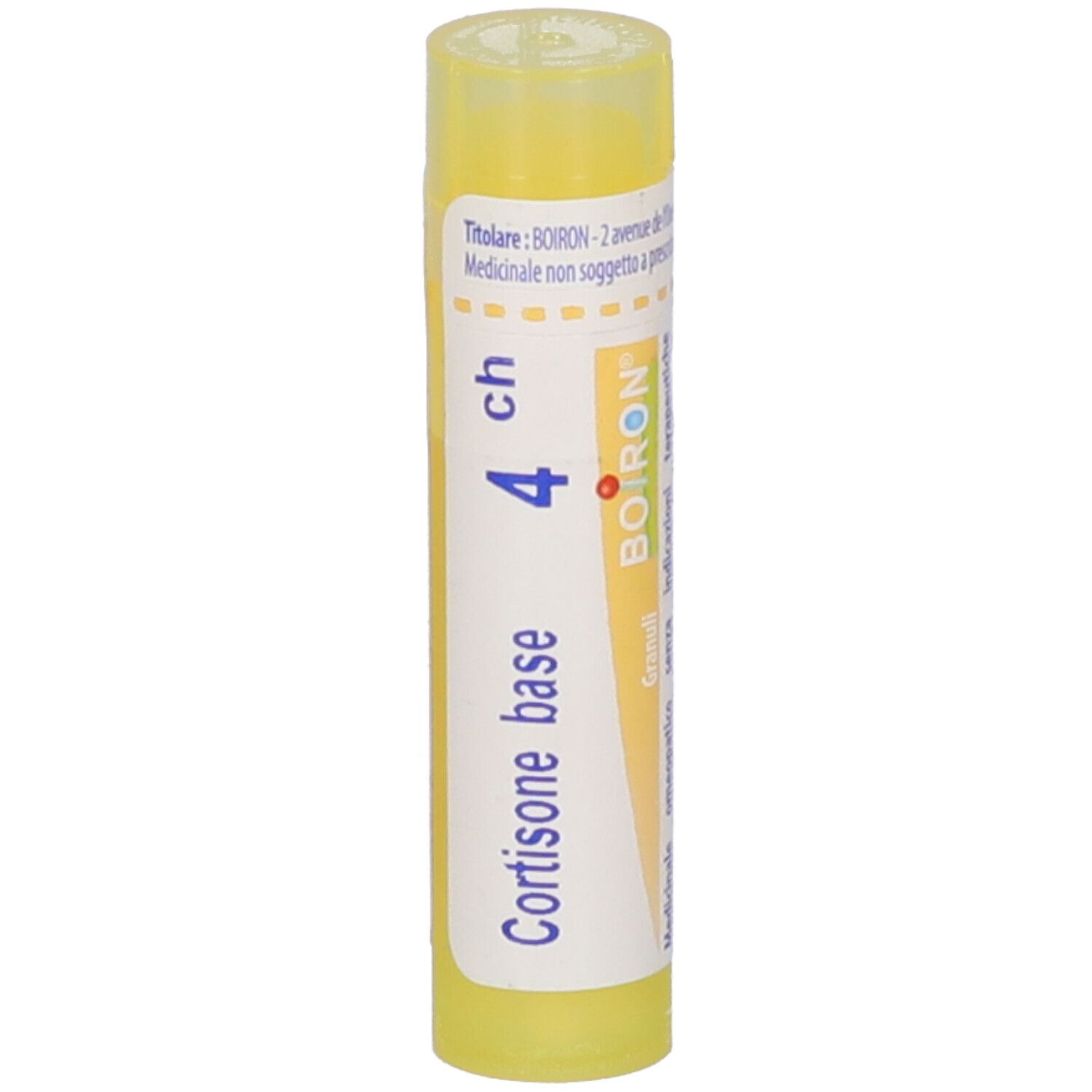 Tubo giallo con etichetta bianca. Scritta: Cortisone base, 4 ch, BOIRON Granuli.