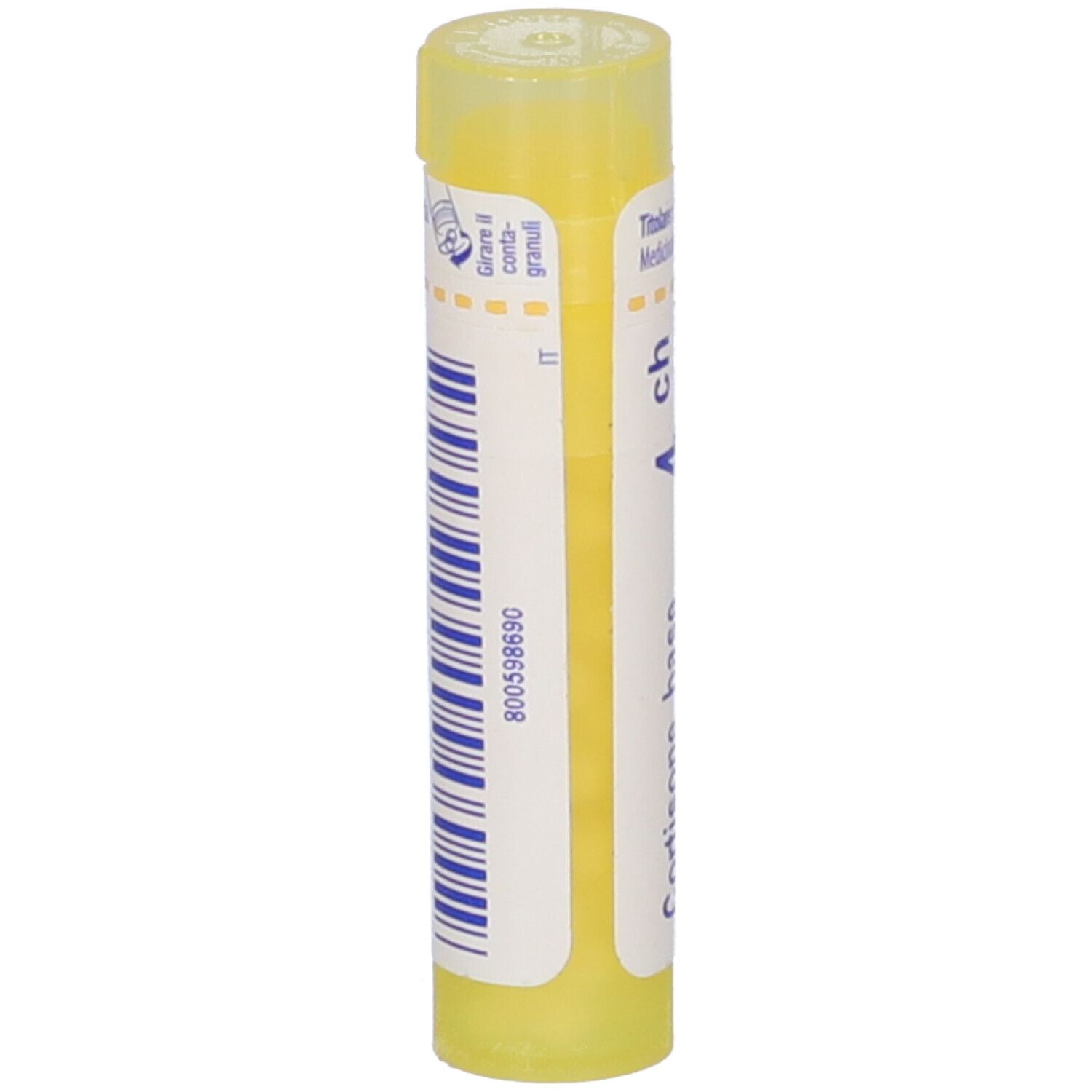 Tubo giallo con etichetta bianca. Scritta: 4 ch, IT, 800598690, Granuli.