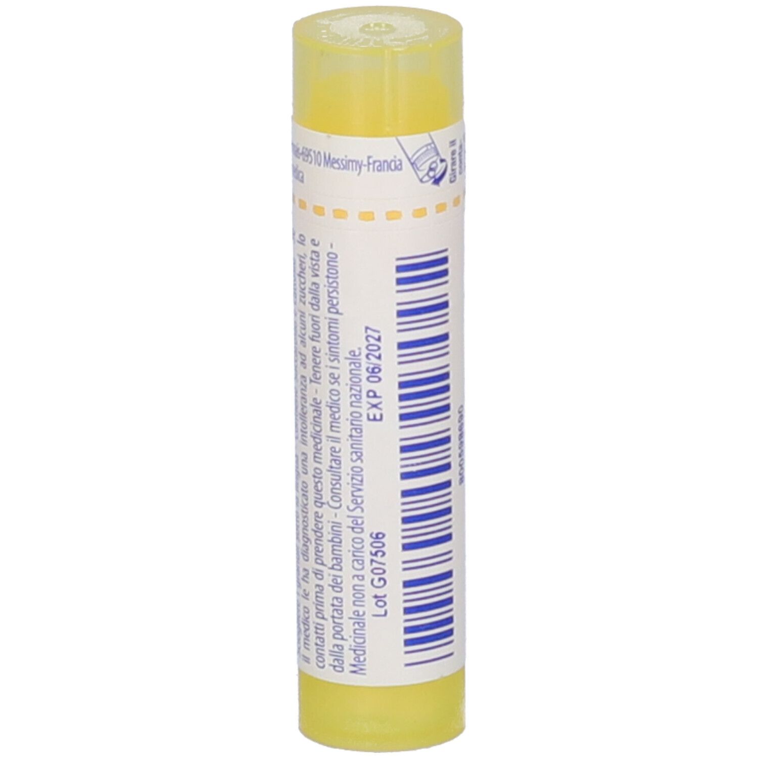 Tubo giallo con etichetta bianca. Scritta: EXP 06/2027, Lot G07506, altre informazioni.