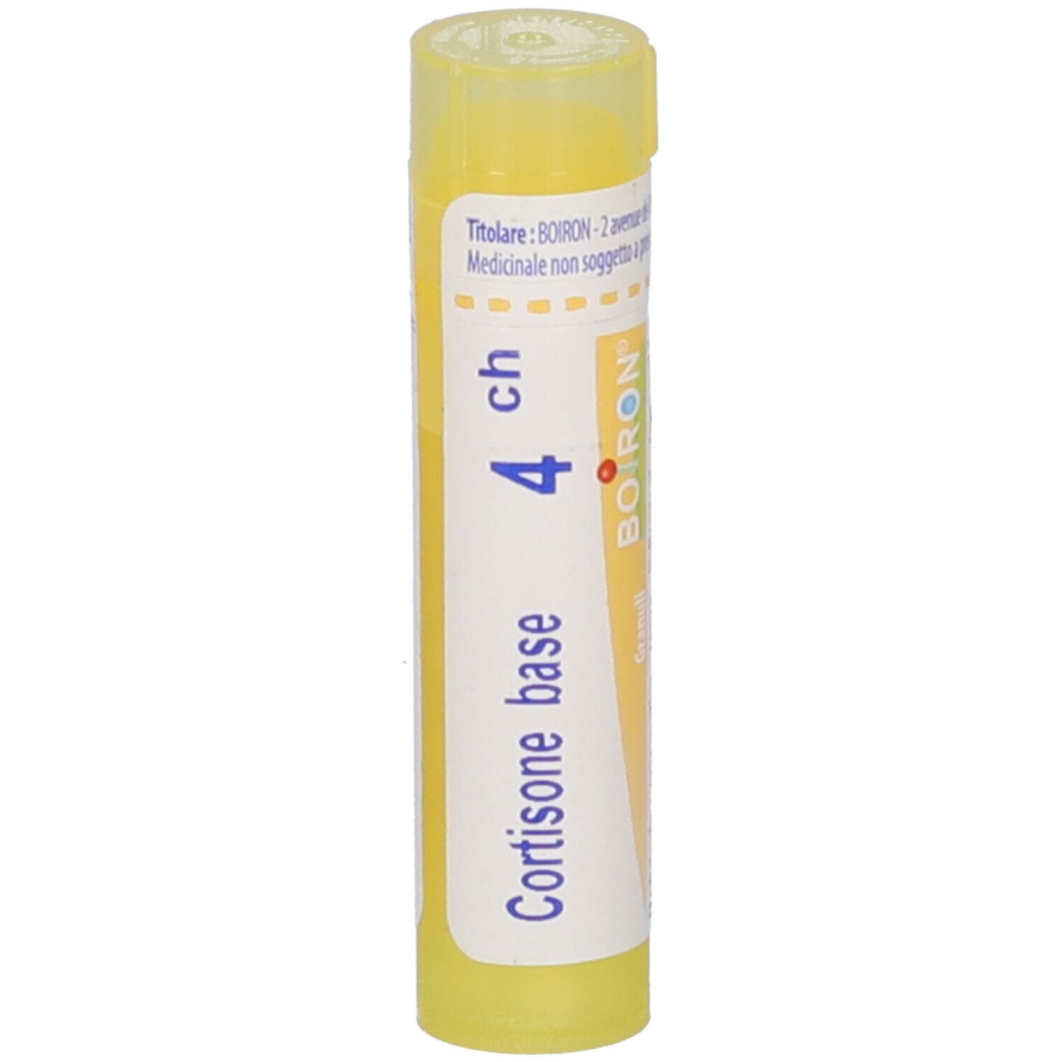 Tubo giallo con etichetta bianca. Scritta: Cortisone base, 4 ch, BOIRON Granuli.
