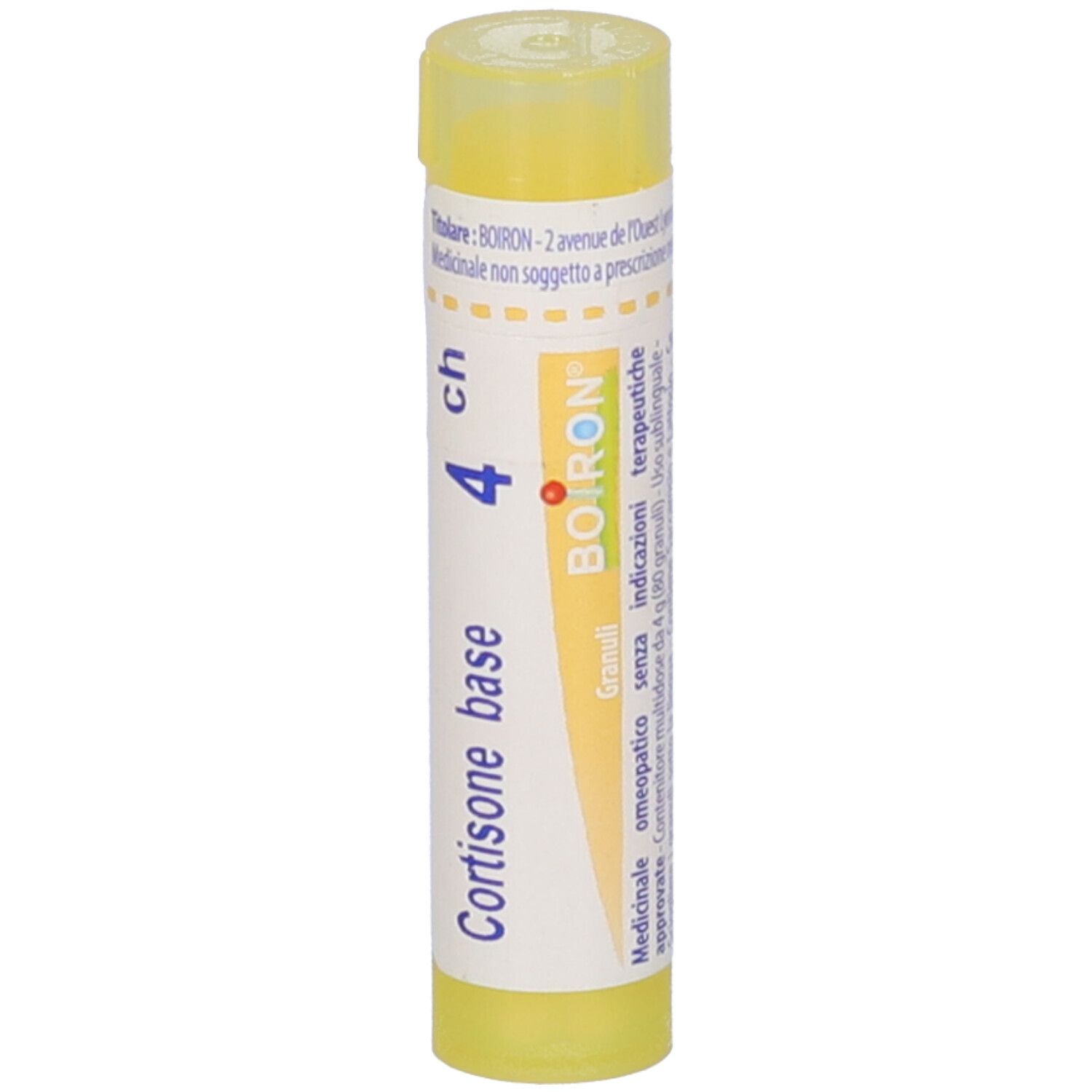 Tubo giallo con etichetta bianca. Scritta: Cortisone base, 4 ch, BOIRON Granuli.