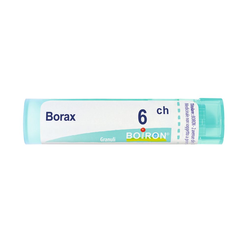 Confezione cilindrica con etichetta bianca. Scritta: Borax 6 ch, BOIRON. Tappo turchese.