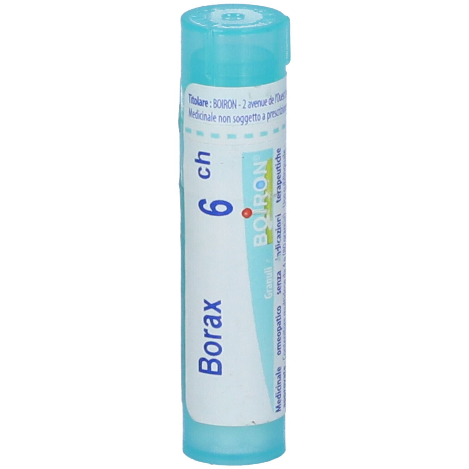 Confezione cilindrica, turchese. Scritta: Borax 6 ch, BOIRON. Etichetta bianca.