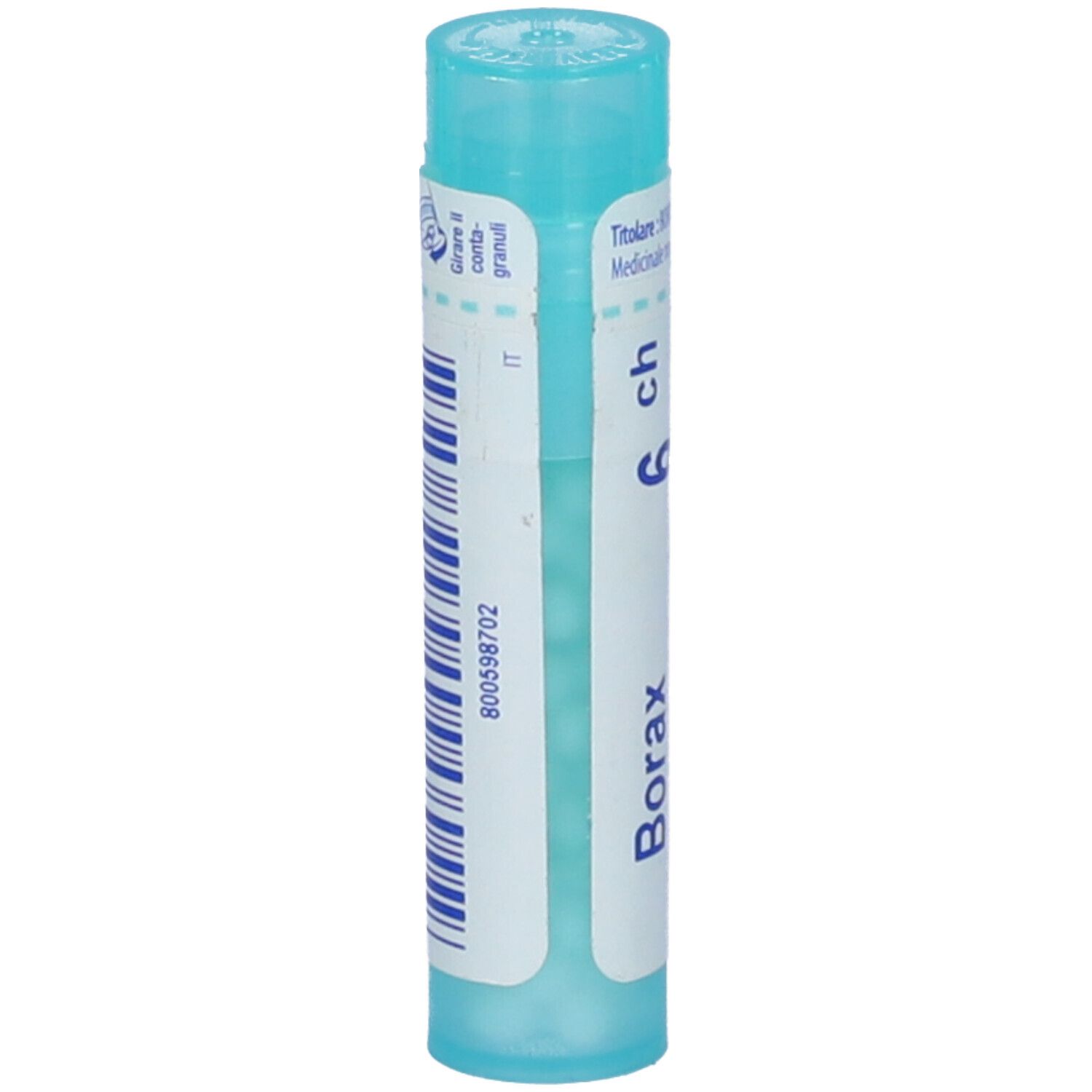 Confezione cilindrica turchese. Scritta: Borax 6 ch. Etichetta bianca con codice a barre e identificativo IT.