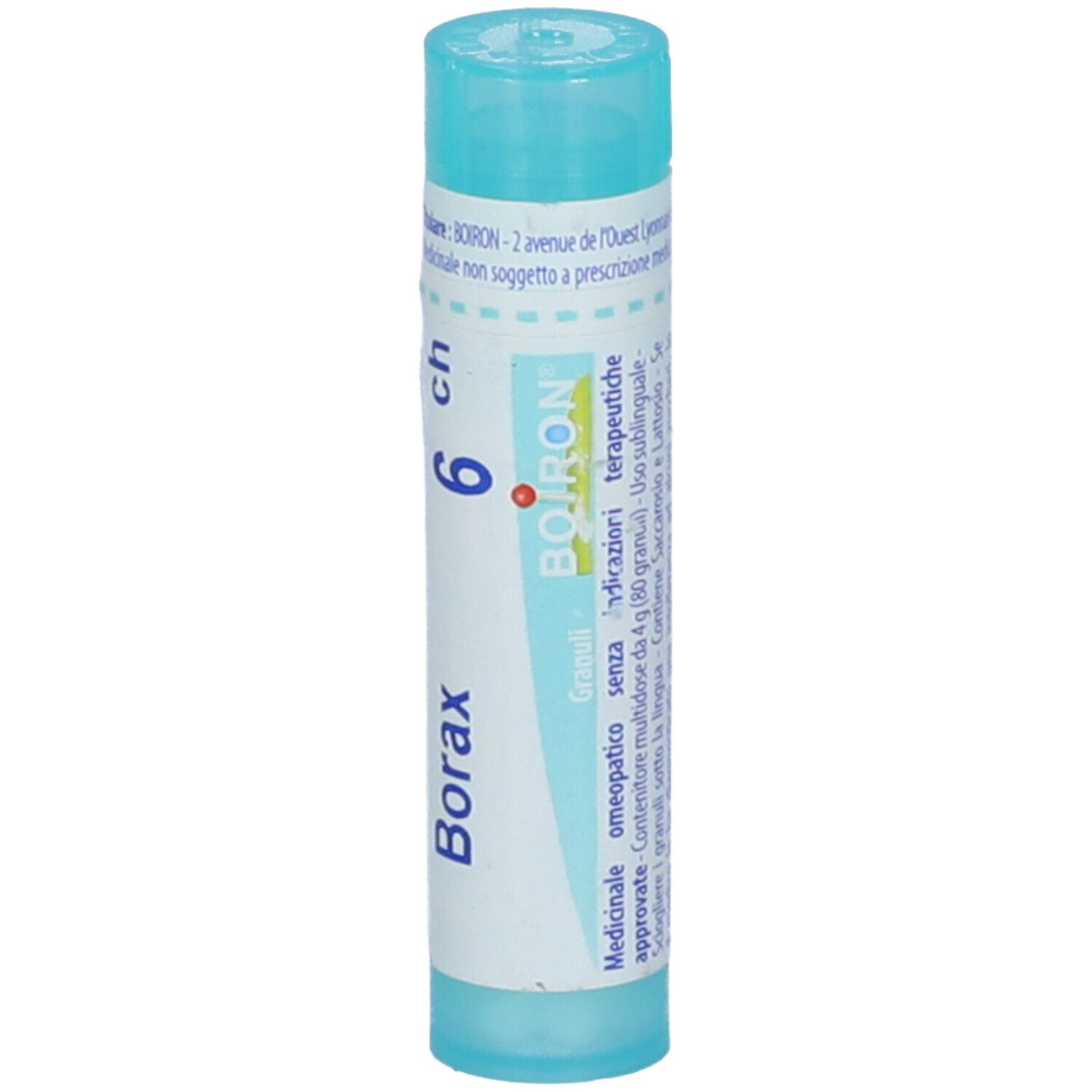 Confezione cilindrica turchese. Scritta: Borax 6 ch, BOIRON. Punto rosso. Informazioni aggiuntive.