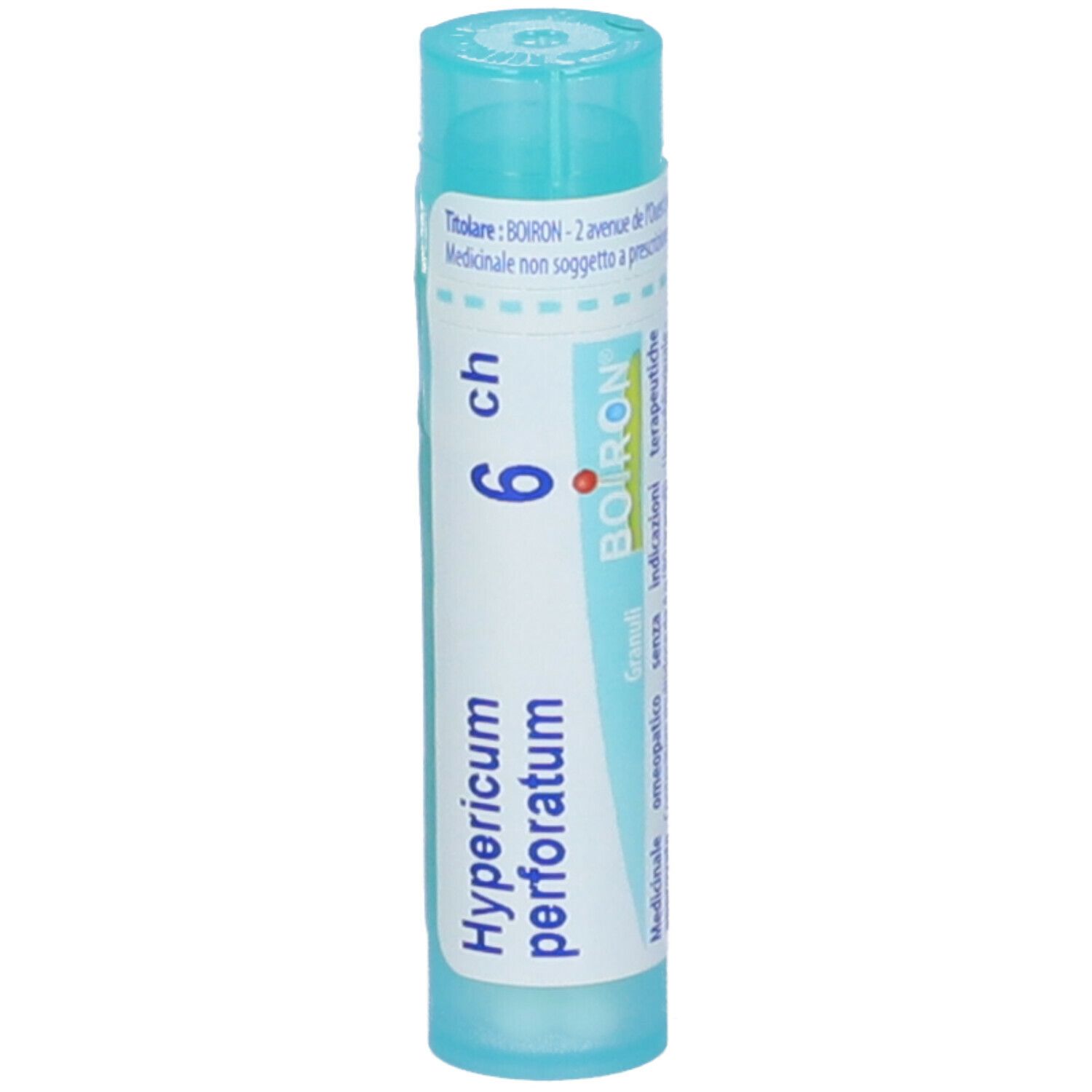 Confezione cilindrica azzurra. Scritta: Hypericum perforatum, 6 ch, Boiron. Con tappo blu.