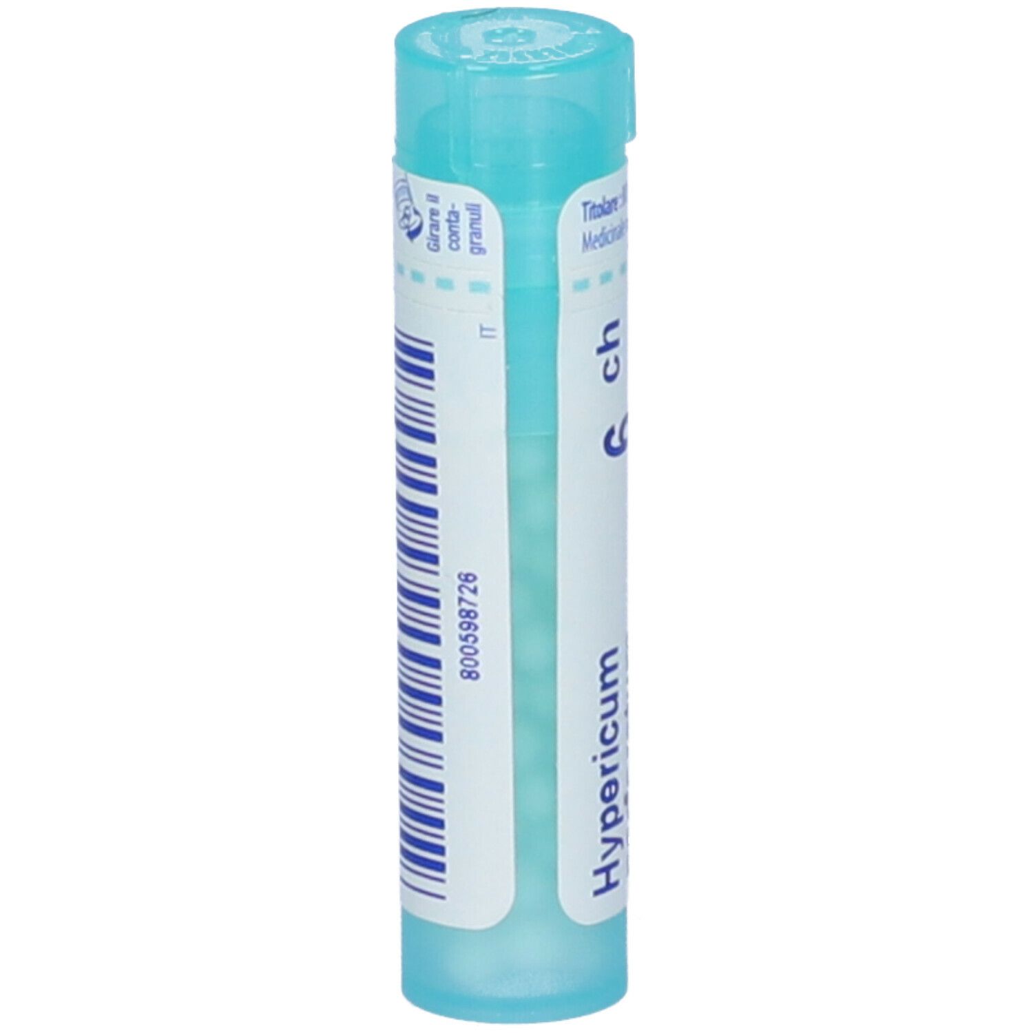 Confezione cilindrica azzurra. Scritta: Hypericum perforatum, 6 ch, Boiron. Con tappo blu.