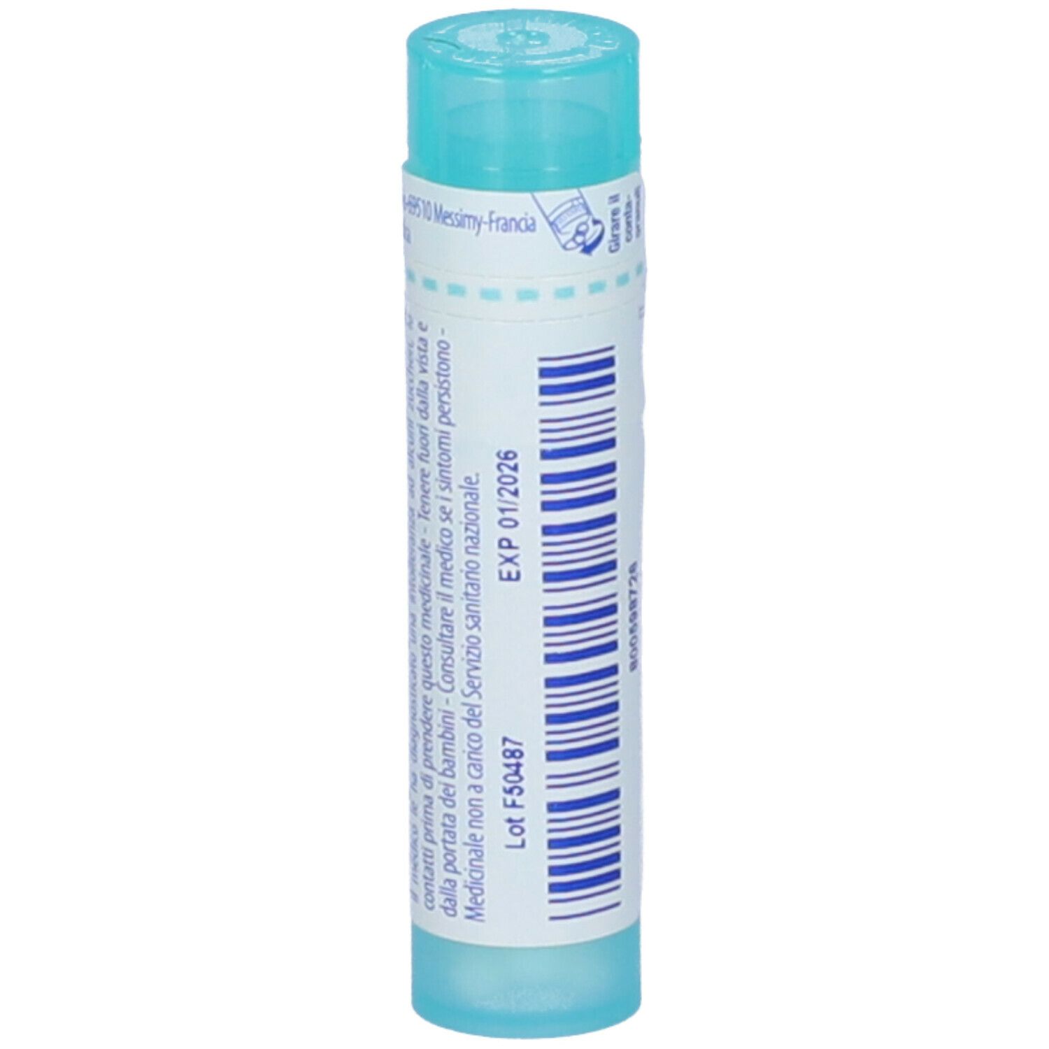 Confezione cilindrica azzurra. Scritta: Hypericum perforatum, 6 ch, Boiron. Con tappo blu.