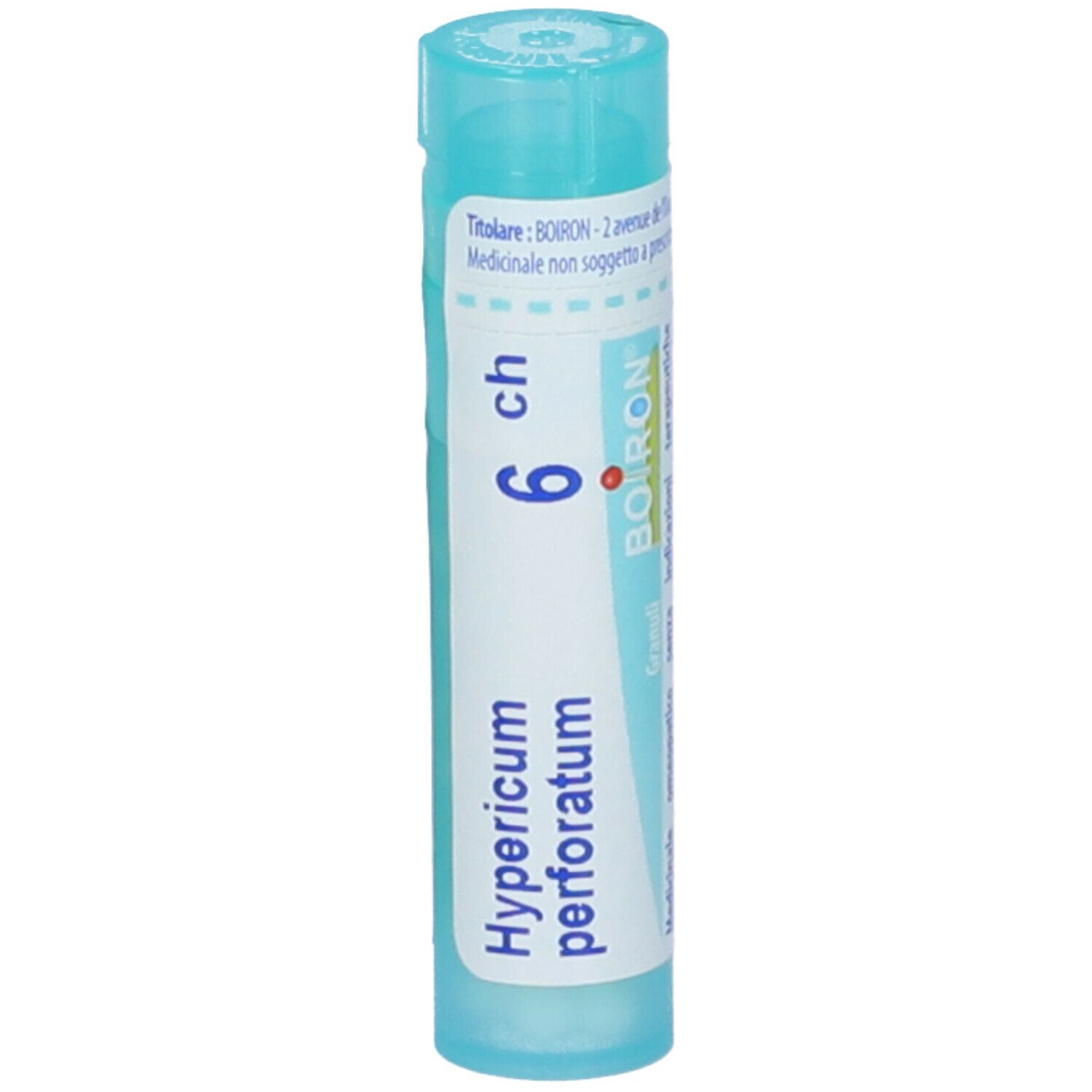 Confezione cilindrica azzurra. Scritta: Hypericum perforatum, 6 ch, Boiron. Con tappo blu.