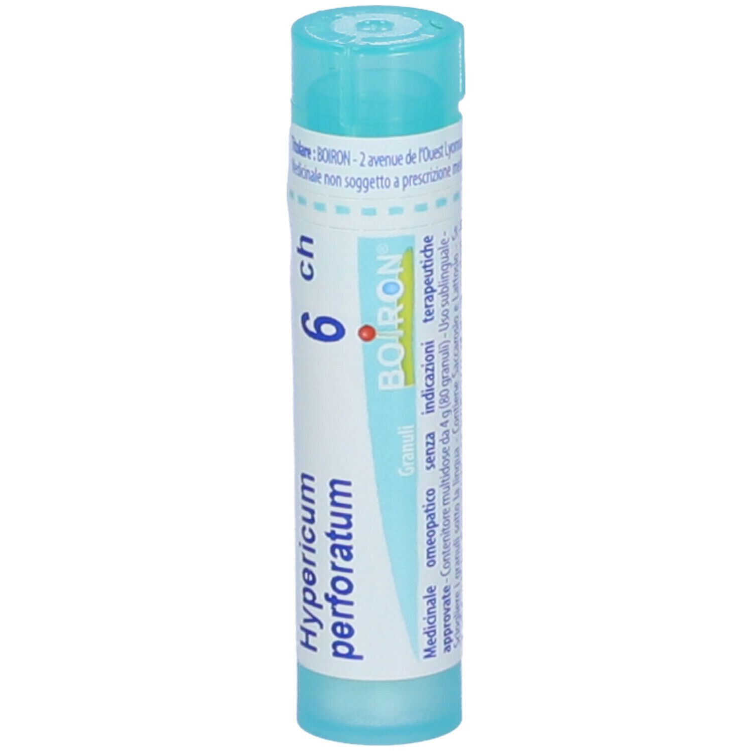 Confezione cilindrica azzurra. Scritta: Hypericum perforatum, 6 ch, Boiron. Con tappo blu.
