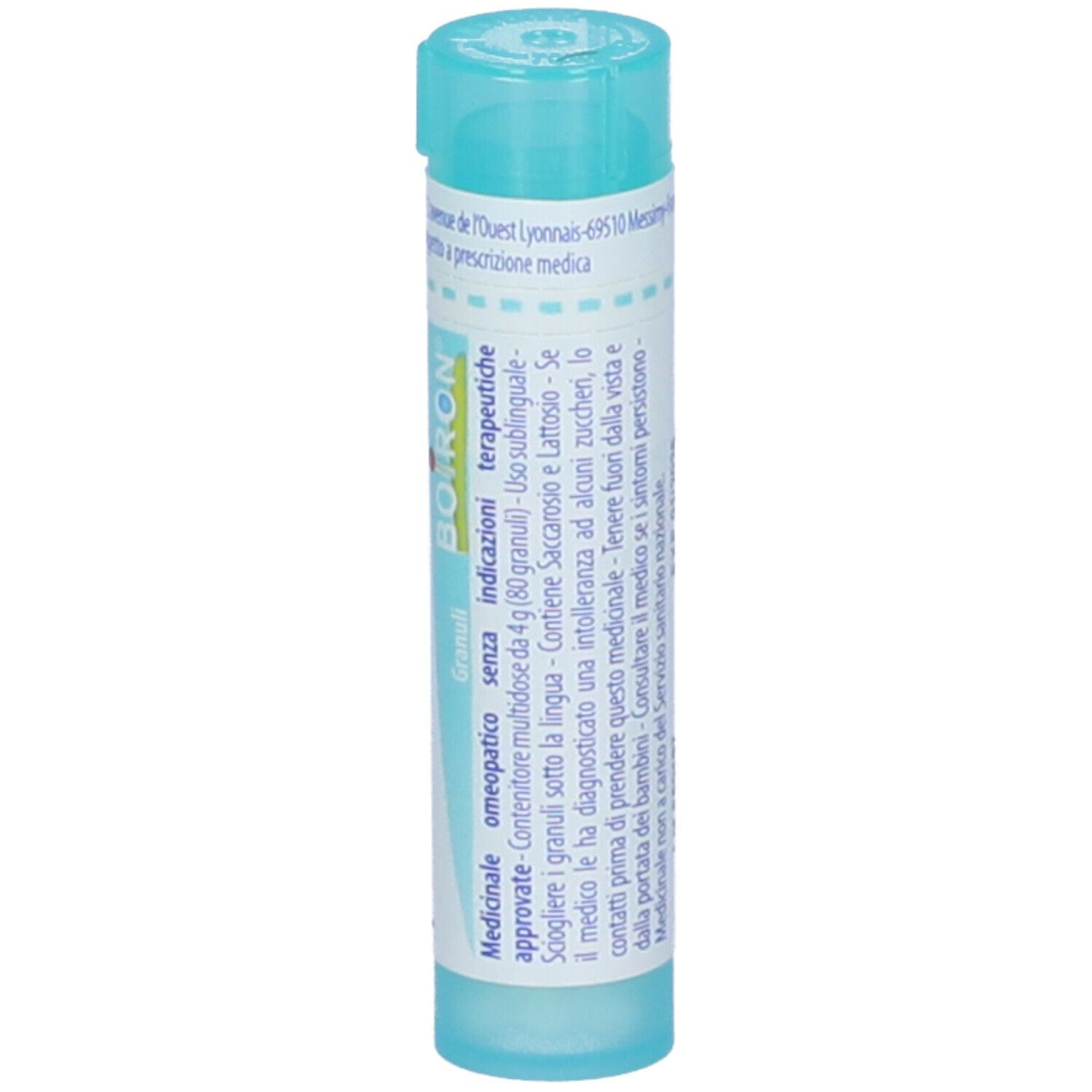 Confezione cilindrica azzurra. Scritta: Hypericum perforatum, 6 ch, Boiron. Con tappo blu.