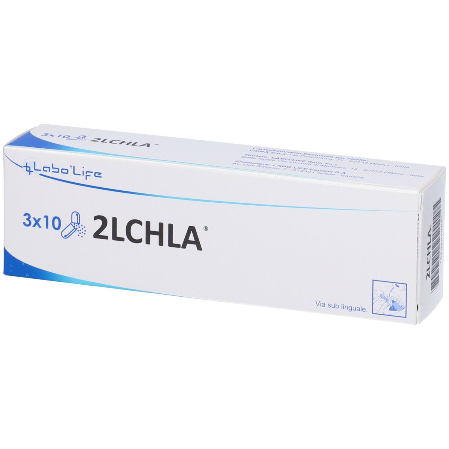 Scatola bianca con angolo blu. Sulla scatola c'è scritto 3x10 2LCHLA e Labo Life. Con illustrazione di capsule.