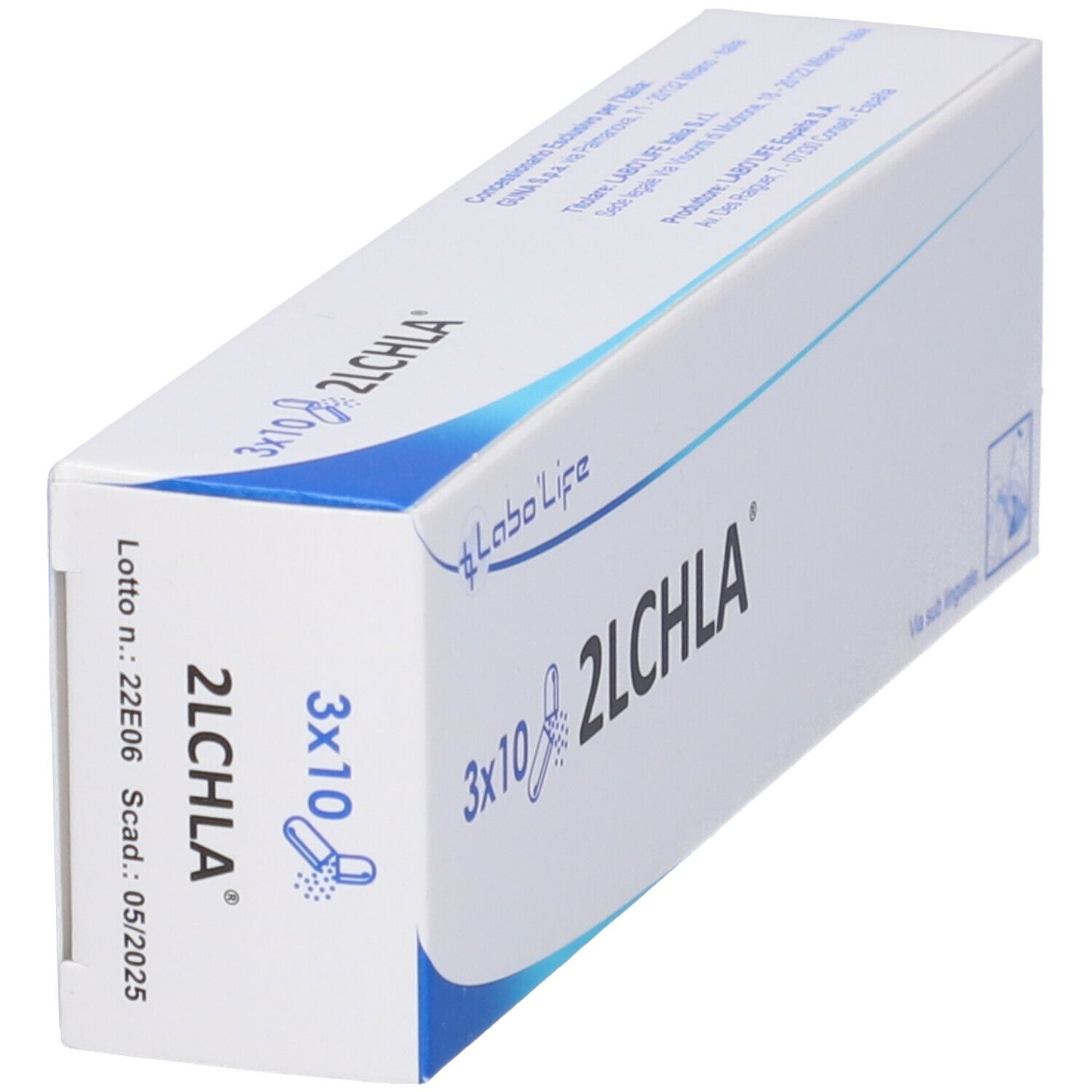 Scatola bianca con angolo blu. Sulla scatola c'è scritto 3x10 2LCHLA e Labo Life. Con illustrazione di capsule.