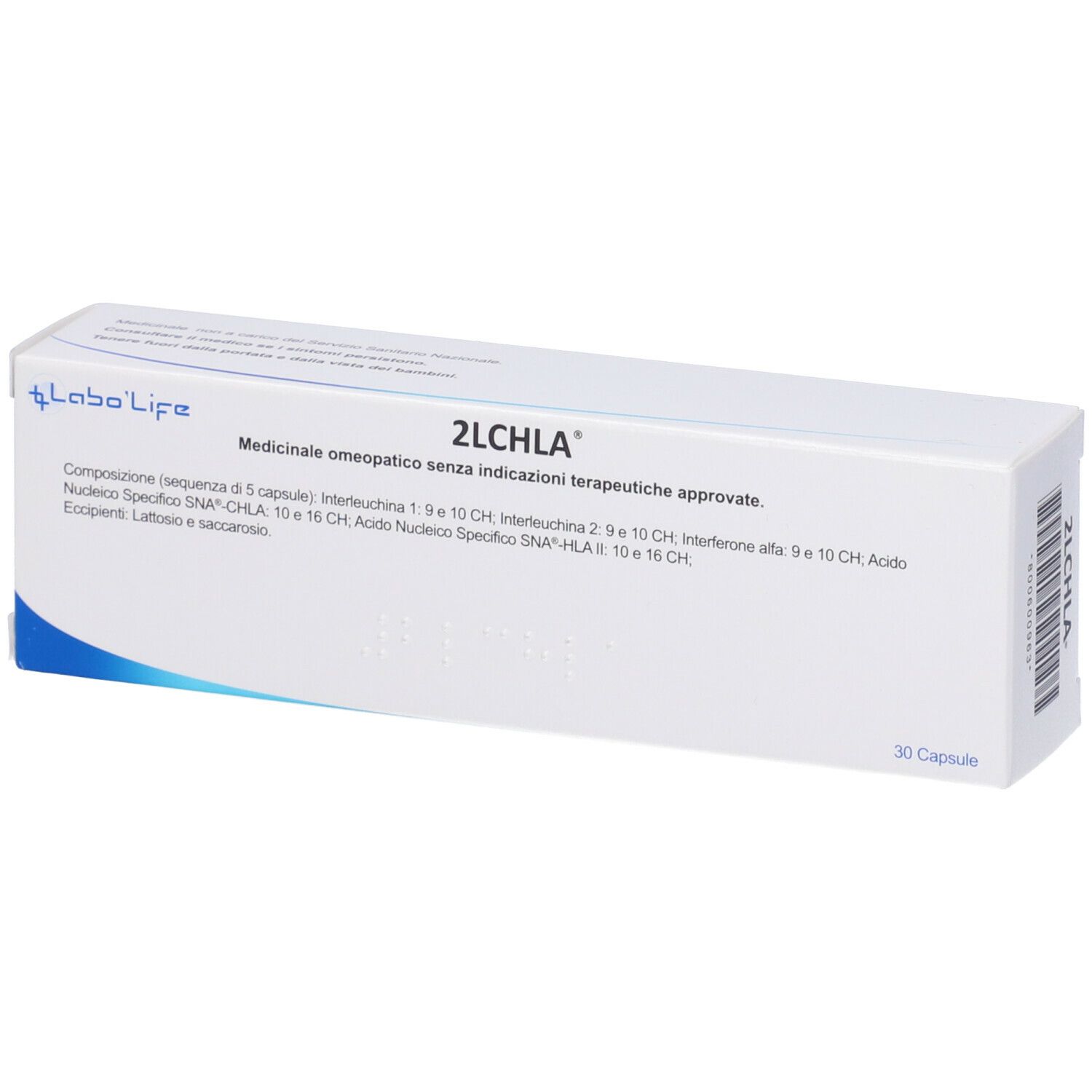 Scatola bianca con angolo blu. Sulla scatola c'è scritto 3x10 2LCHLA e Labo Life. Con illustrazione di capsule.