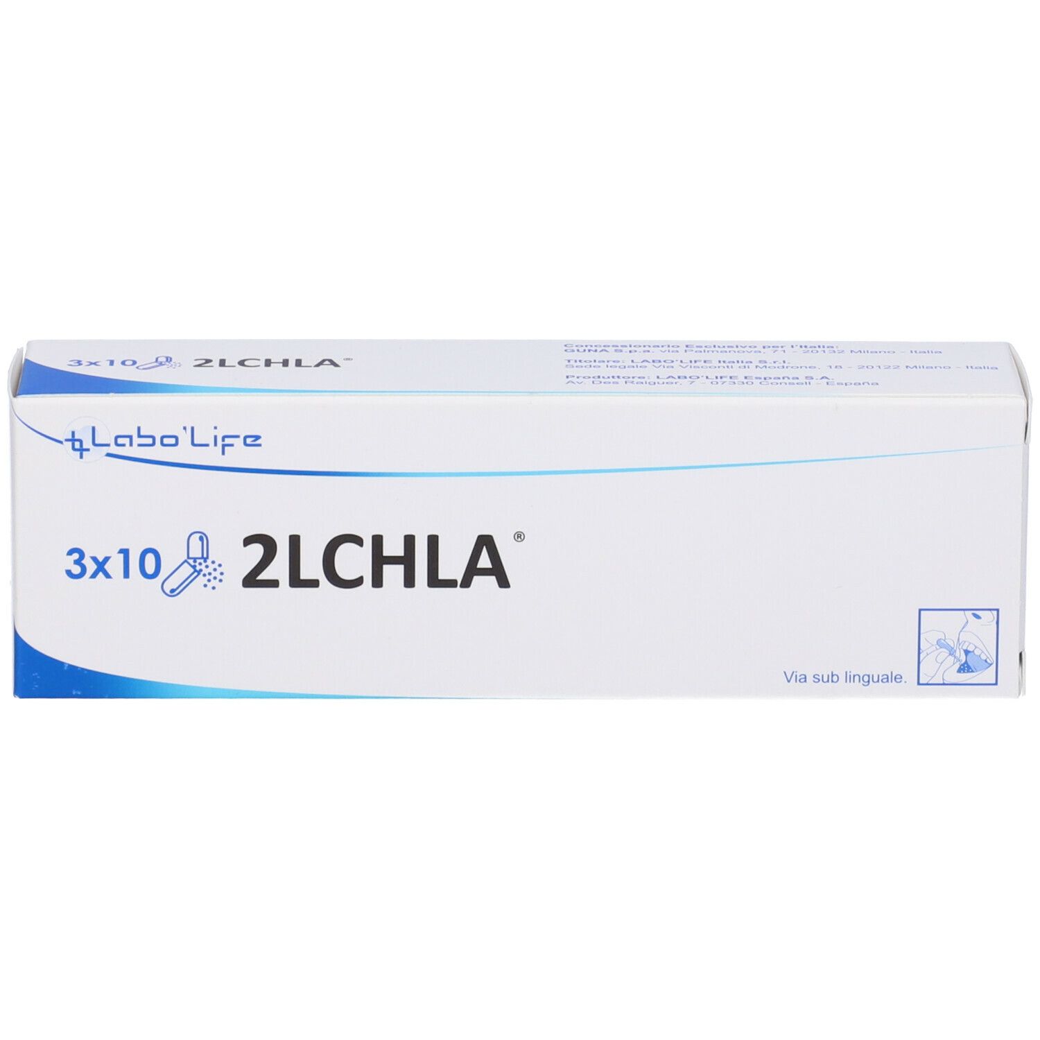 Scatola bianca con angolo blu. Sulla scatola c'è scritto 3x10 2LCHLA e Labo Life. Con illustrazione di capsule.