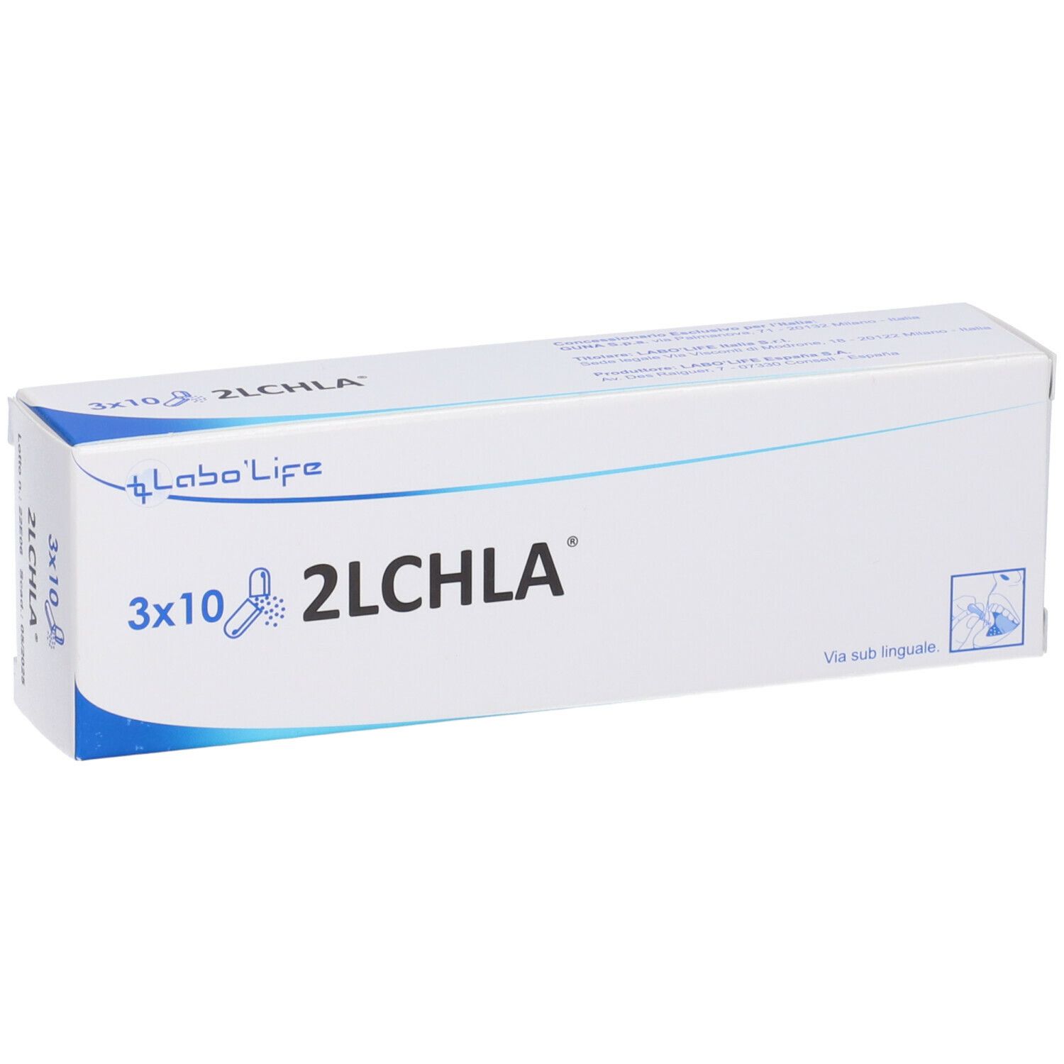 Scatola bianca con angolo blu. Sulla scatola c'è scritto 3x10 2LCHLA e Labo Life. Con illustrazione di capsule.