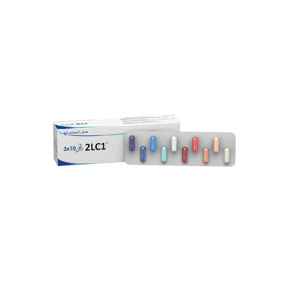 Blister con capsule colorate e scatola con scritta 3x10 2LC1. La confezione contiene 30 capsule.