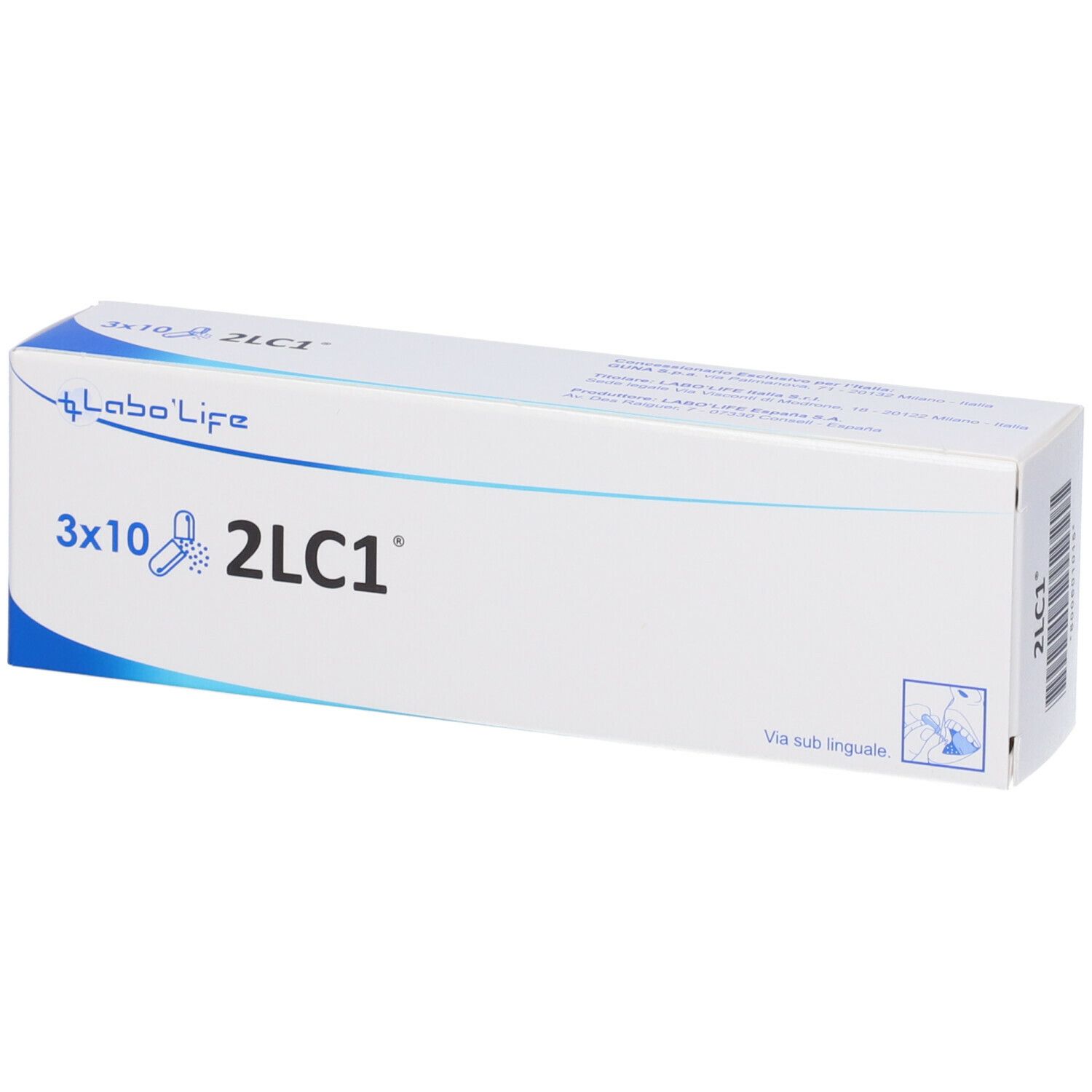 Scatola bianca con angolo blu e scritta 3x10 2LC1. Logo Labo'Life. Testo: Via sub linguale.