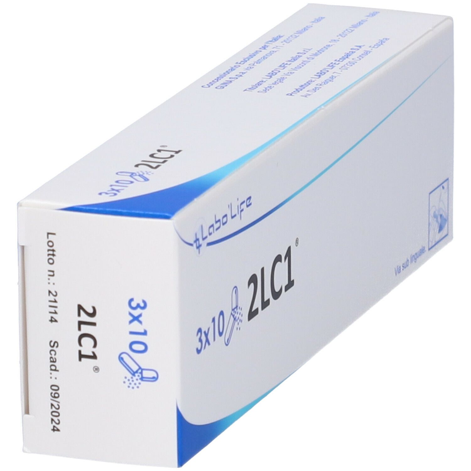 Scatola con scritta 3x10 2LC1. Logo Labo'Life. Stampa: Lotto n.: 21/14, Scad.: 09/2024.