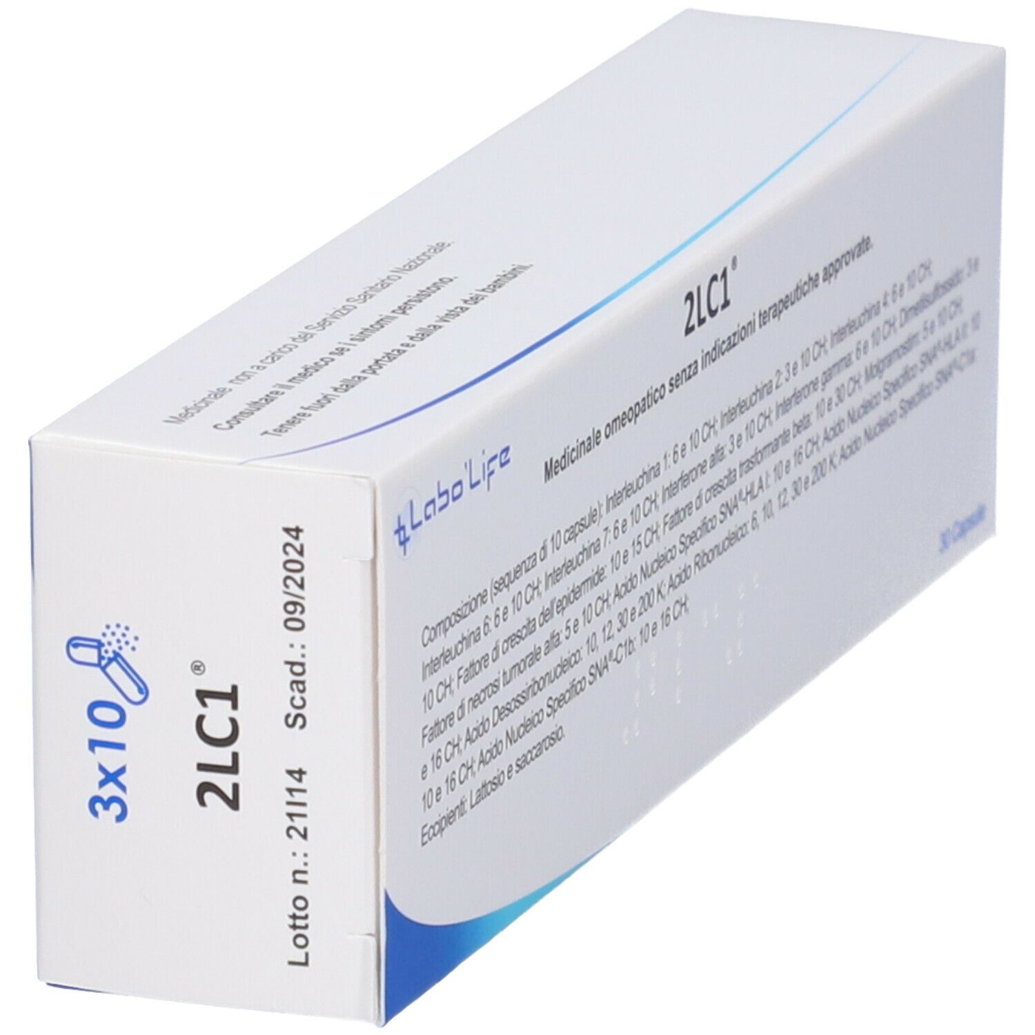 Scatola con scritta 3x10 2LC1. Logo Labo'Life. Stampa: Lotto n.: 21/14, Scad.: 09/2024. Testo: 30 Capsule.