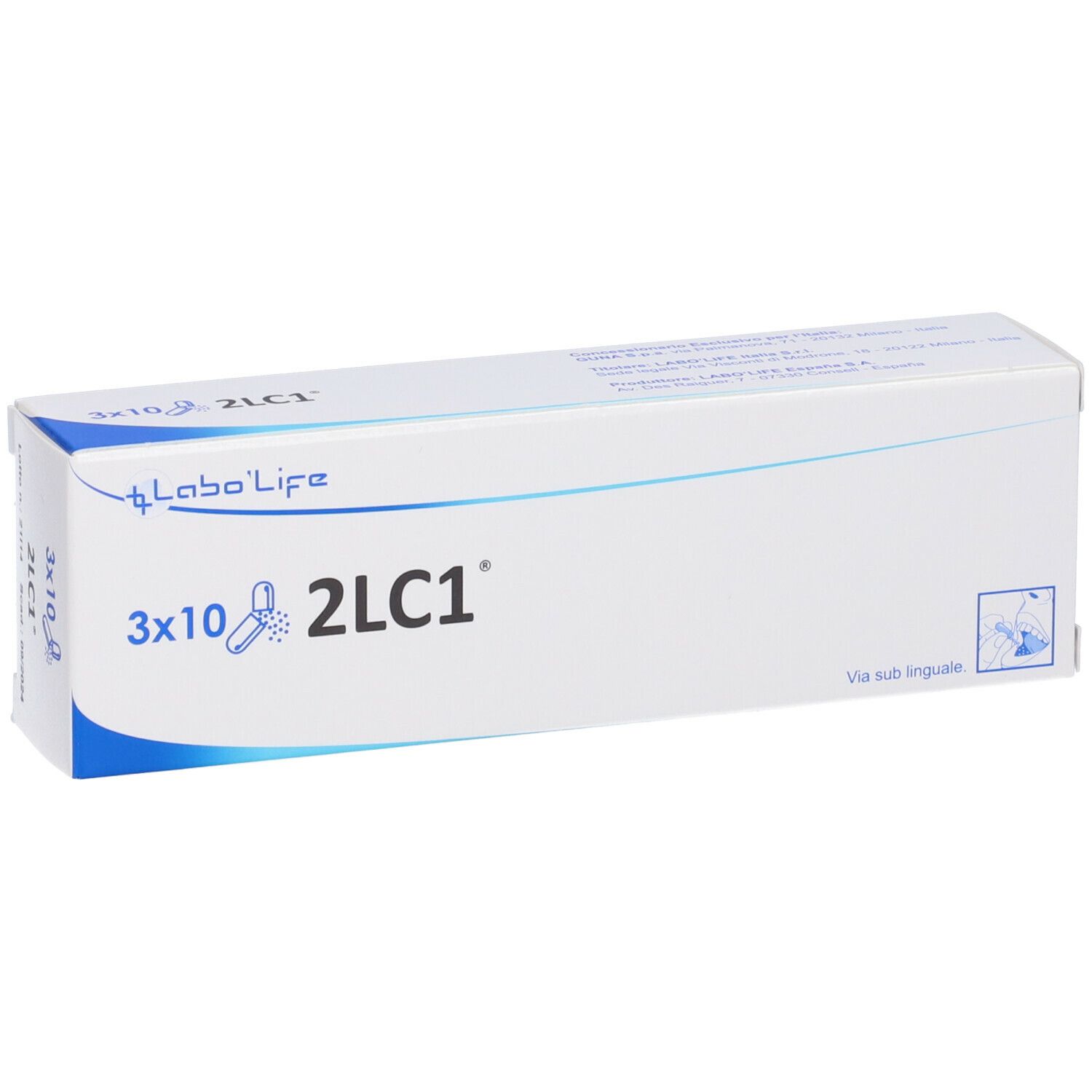 Scatola bianca con scritta 3x10 2LC1. Logo Labo'Life. Testo: Via sub linguale.