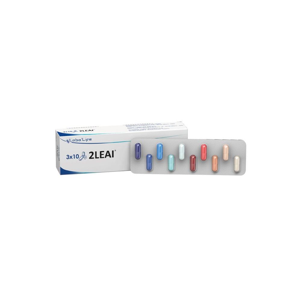 Blister di capsule colorate accanto a una scatola. Sulla scatola è scritto "3x10 2LEAI" e il logo Labo Life.