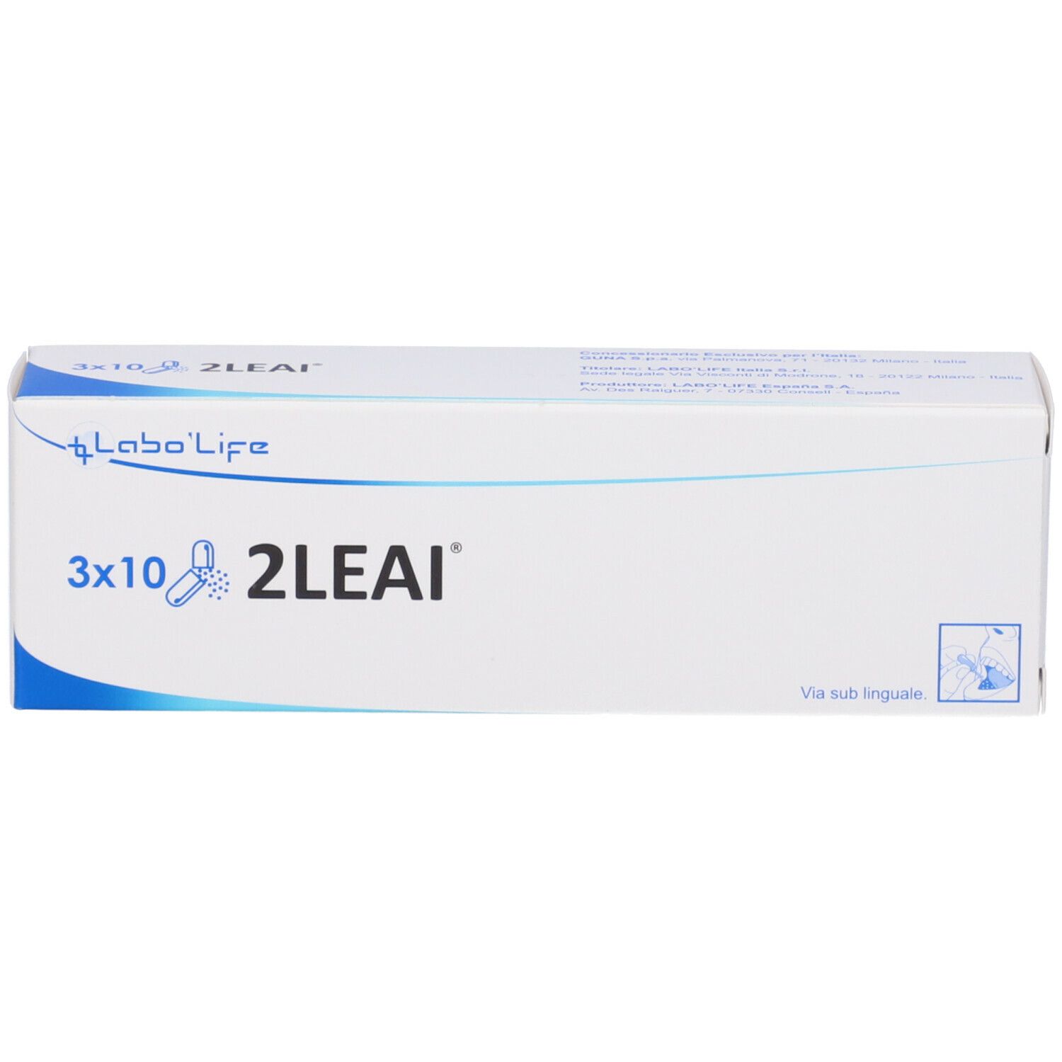 Scatola bianca con logo blu Labo Life e scritta "3x10 2LEAI". Testo "Via sub linguale" a destra.