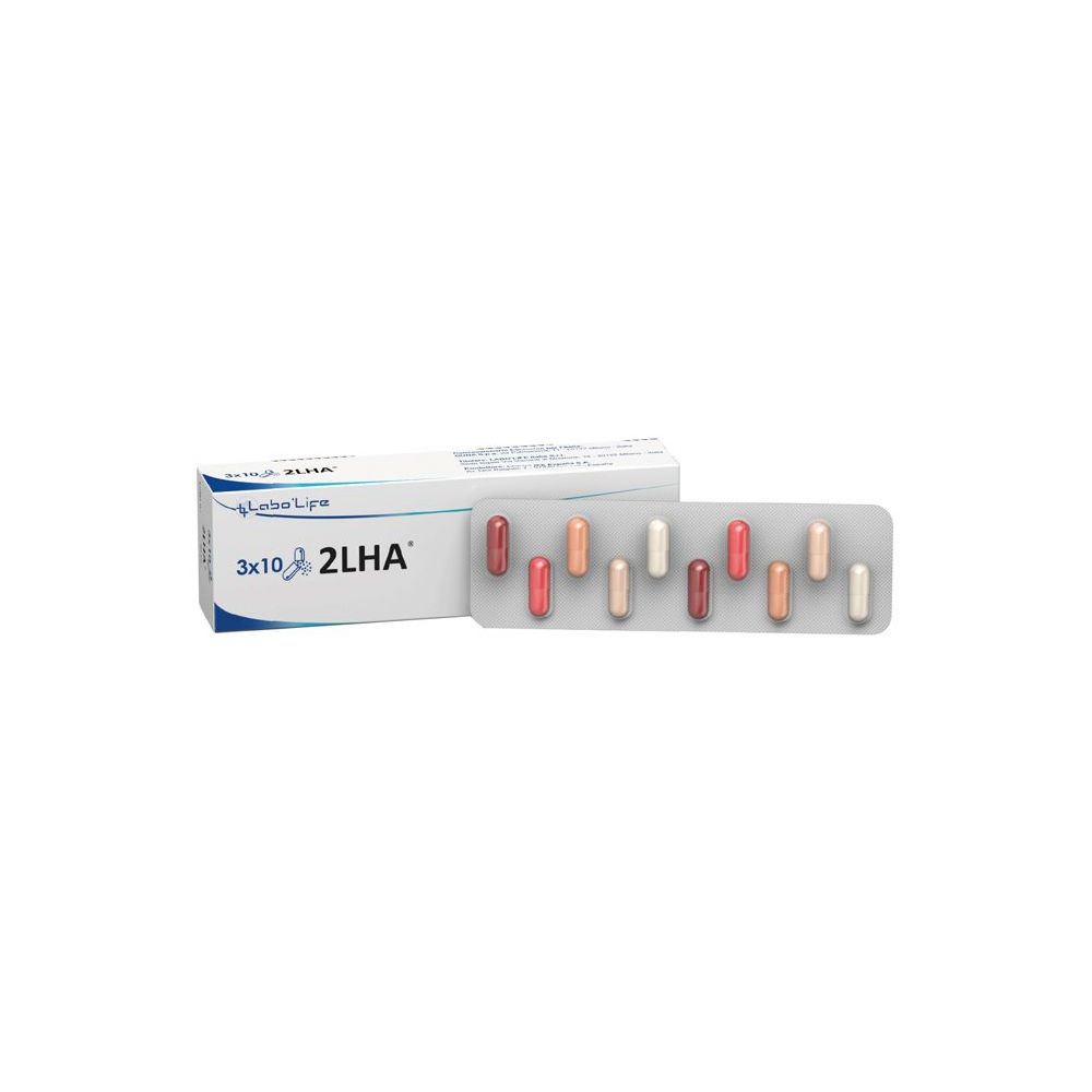 Confezione di capsule e blister. Sulla scatola "3x10 2LHA". Capsule di diversi colori.