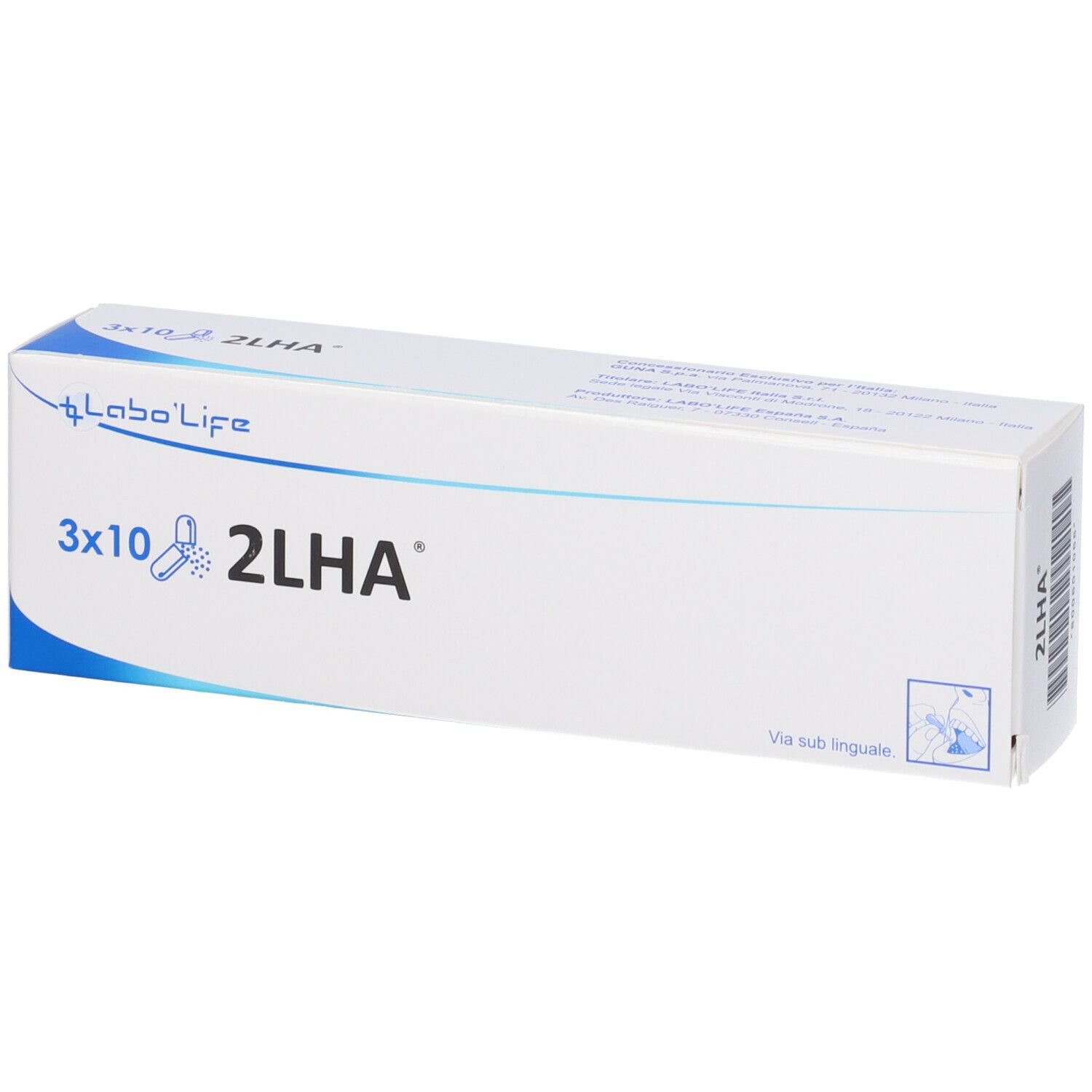 Scatola bianca con testo blu. Stampato: "3x10 2LHA" e logo. Sul lato: "Via sub linguale".