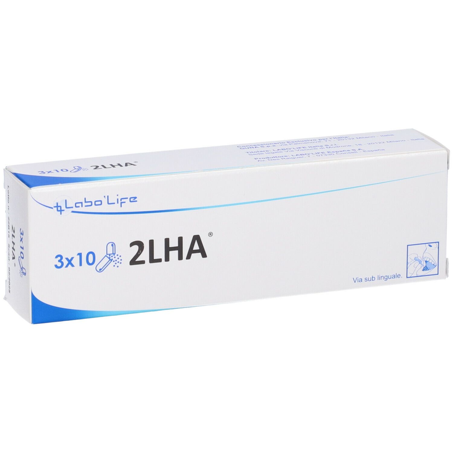 Scatola bianca con testo blu. Stampato: "3x10 2LHA" e logo. Sul lato: "Via sub linguale".