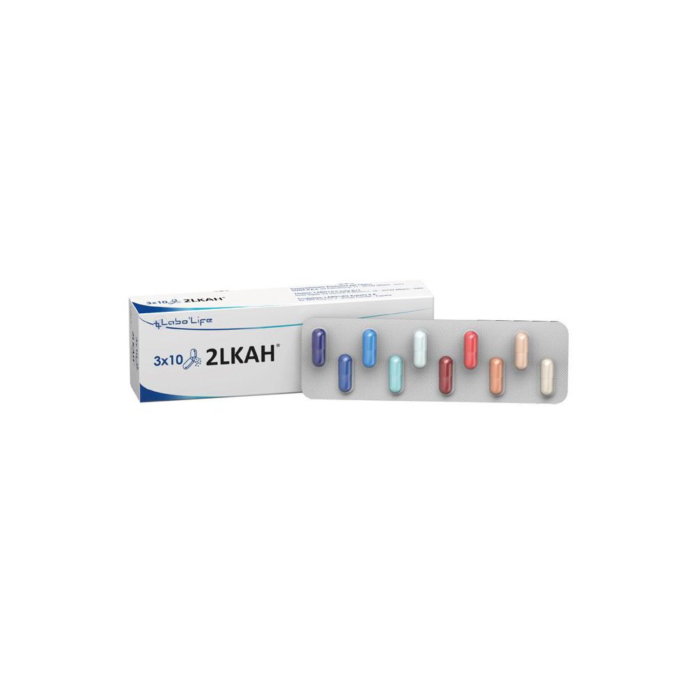 Blister di capsule e scatola. Capsule multicolore. Sulla scatola, "3x10 2Lkah".