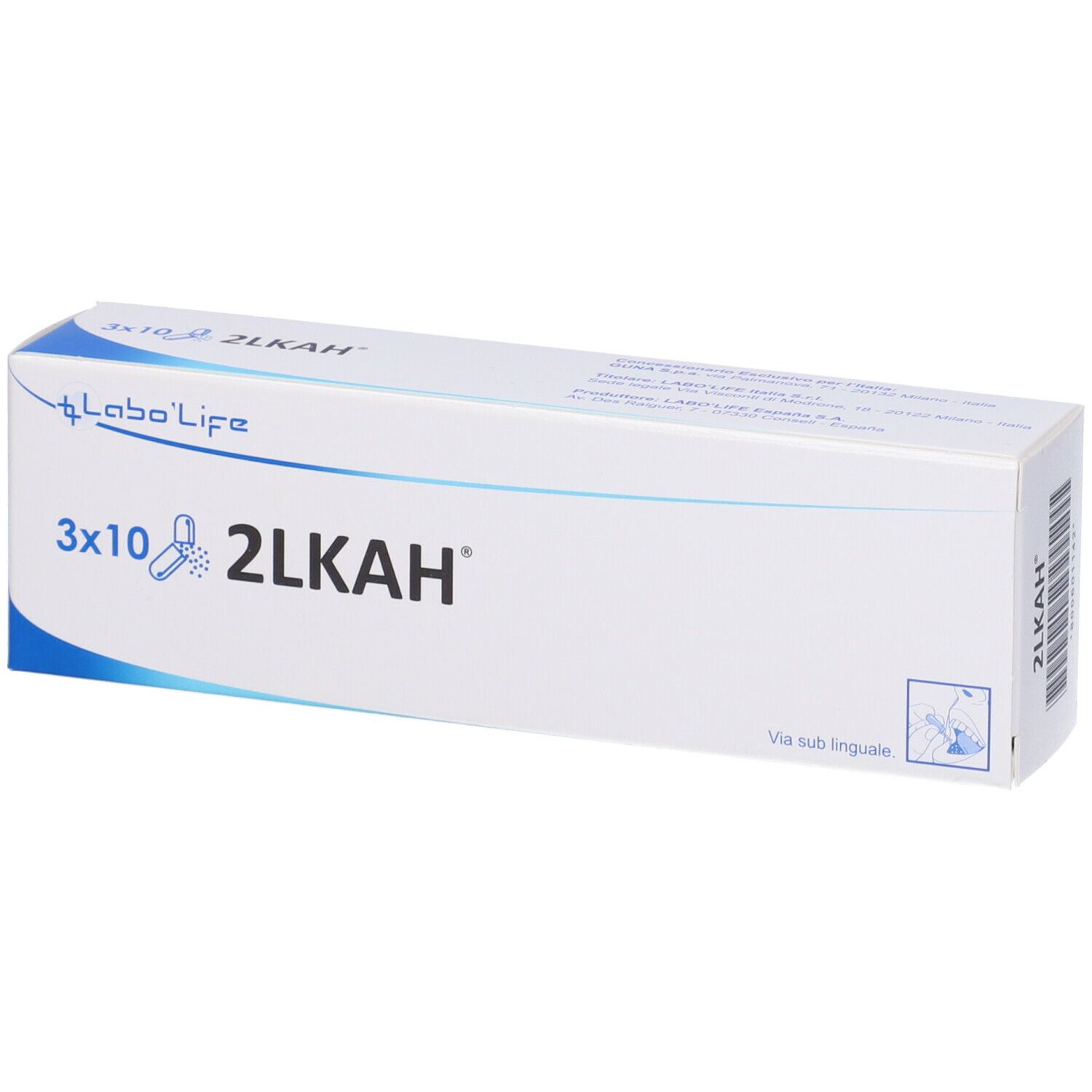 Scatola bianca con testo blu. Sulla scatola, "3x10 2Lkah" e "Labo'Life".