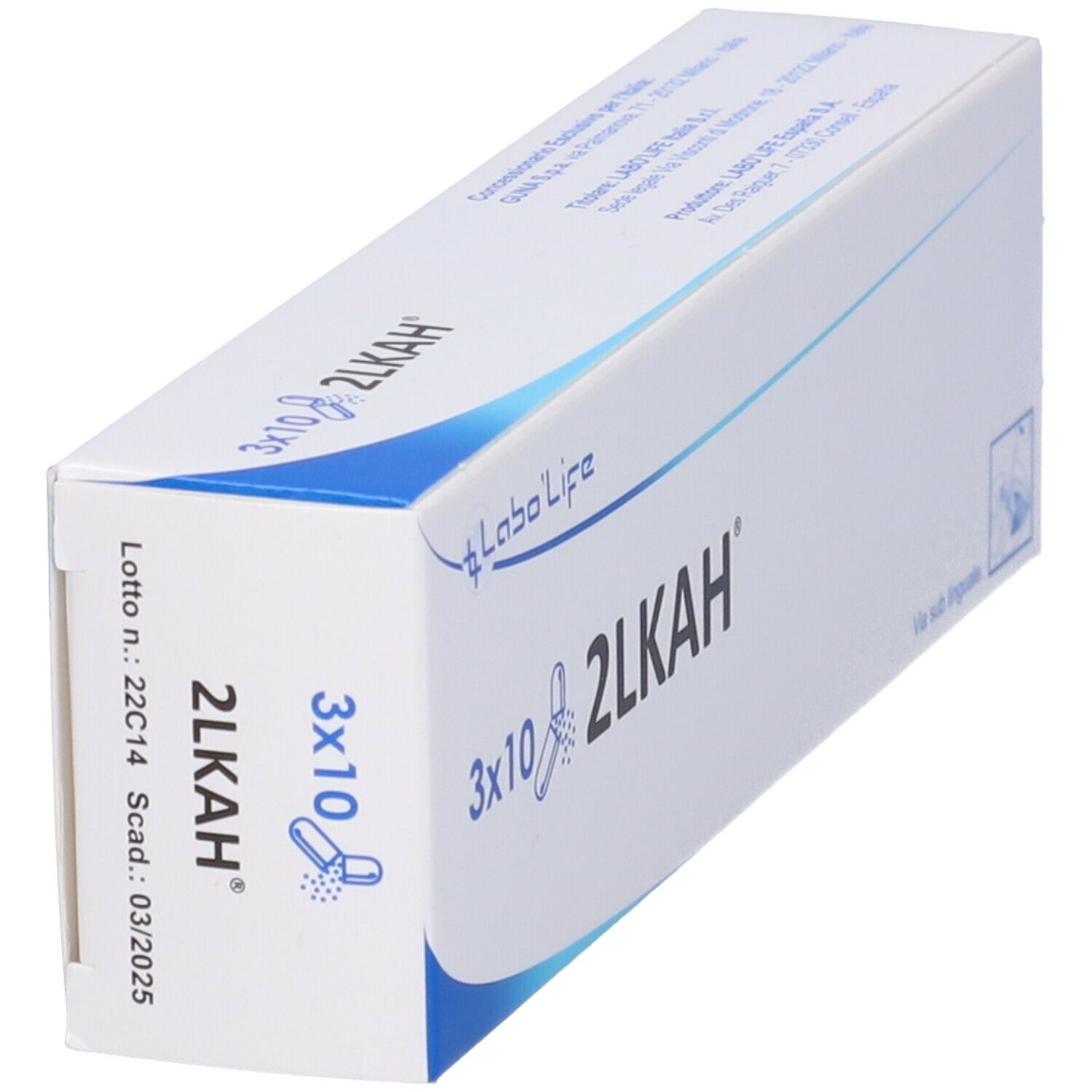 Scatola con testo blu. Sulla scatola, "3x10 2Lkah", "Labo'Life" e numero di lotto.