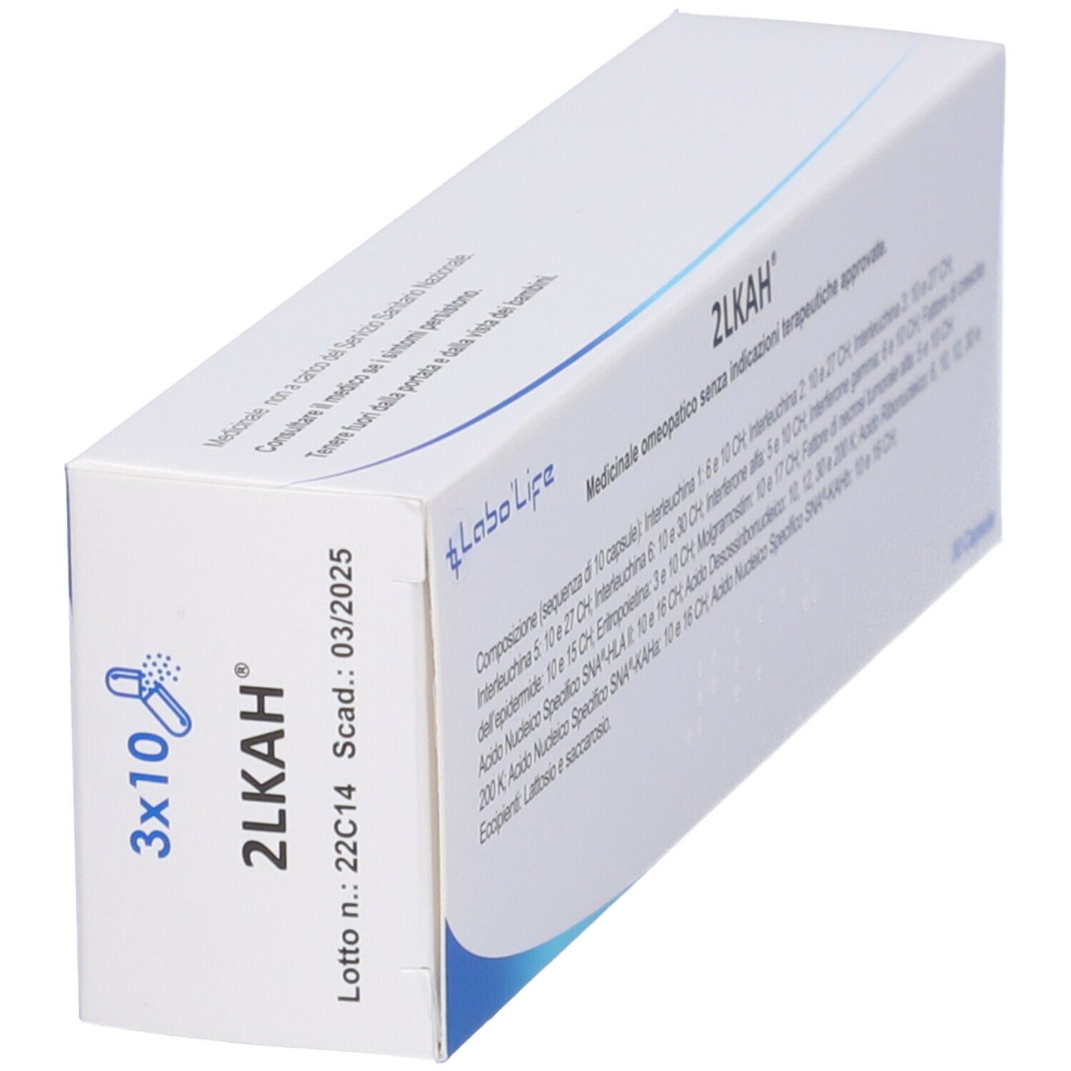 Scatola con testo blu. Sulla scatola, "3x10 2Lkah", "Labo'Life" e numero di lotto.