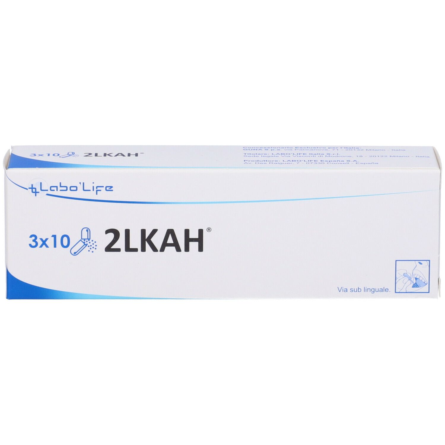 Scatola bianca con testo blu. Sulla scatola, "3x10 2Lkah" e "Labo'Life".