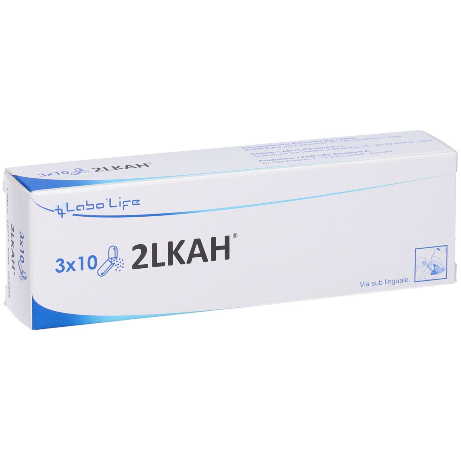 Scatola bianca con testo blu. Sulla scatola, "3x10 2Lkah" e "Labo'Life".