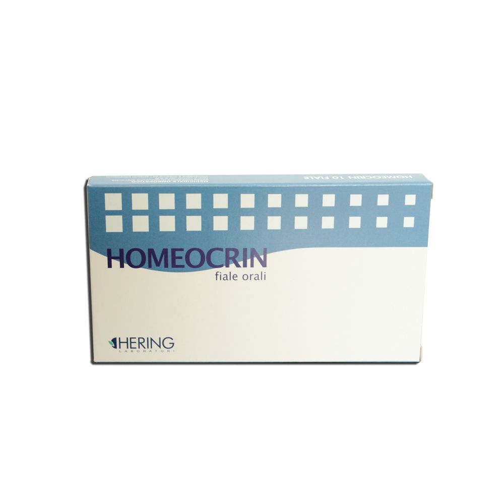 Scatola di cartone bianca e blu. Scritta HOMEOCRIN, fiale orali e HERING.