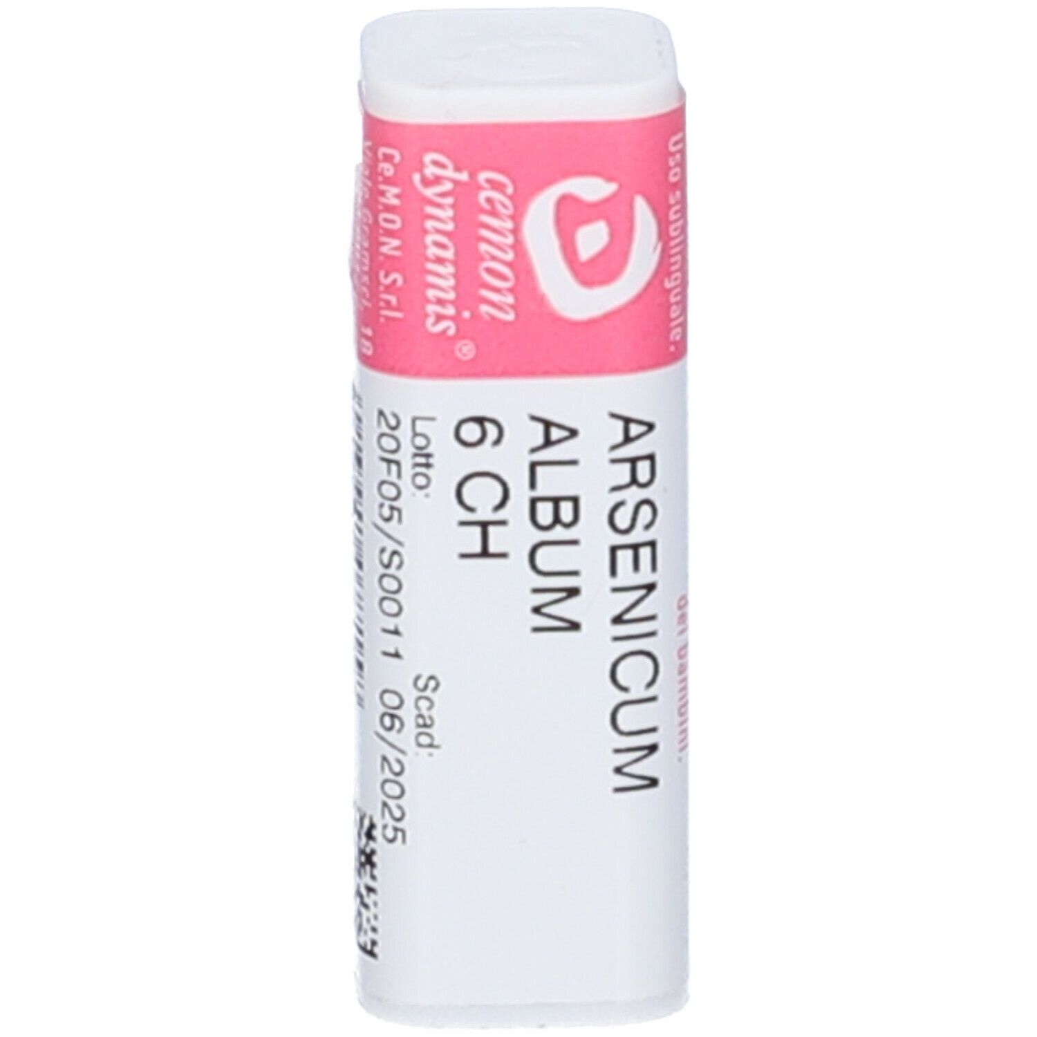 Confezione cilindrica bianca con etichetta rosa. Scritta: Arsenicum Album 6 CH.