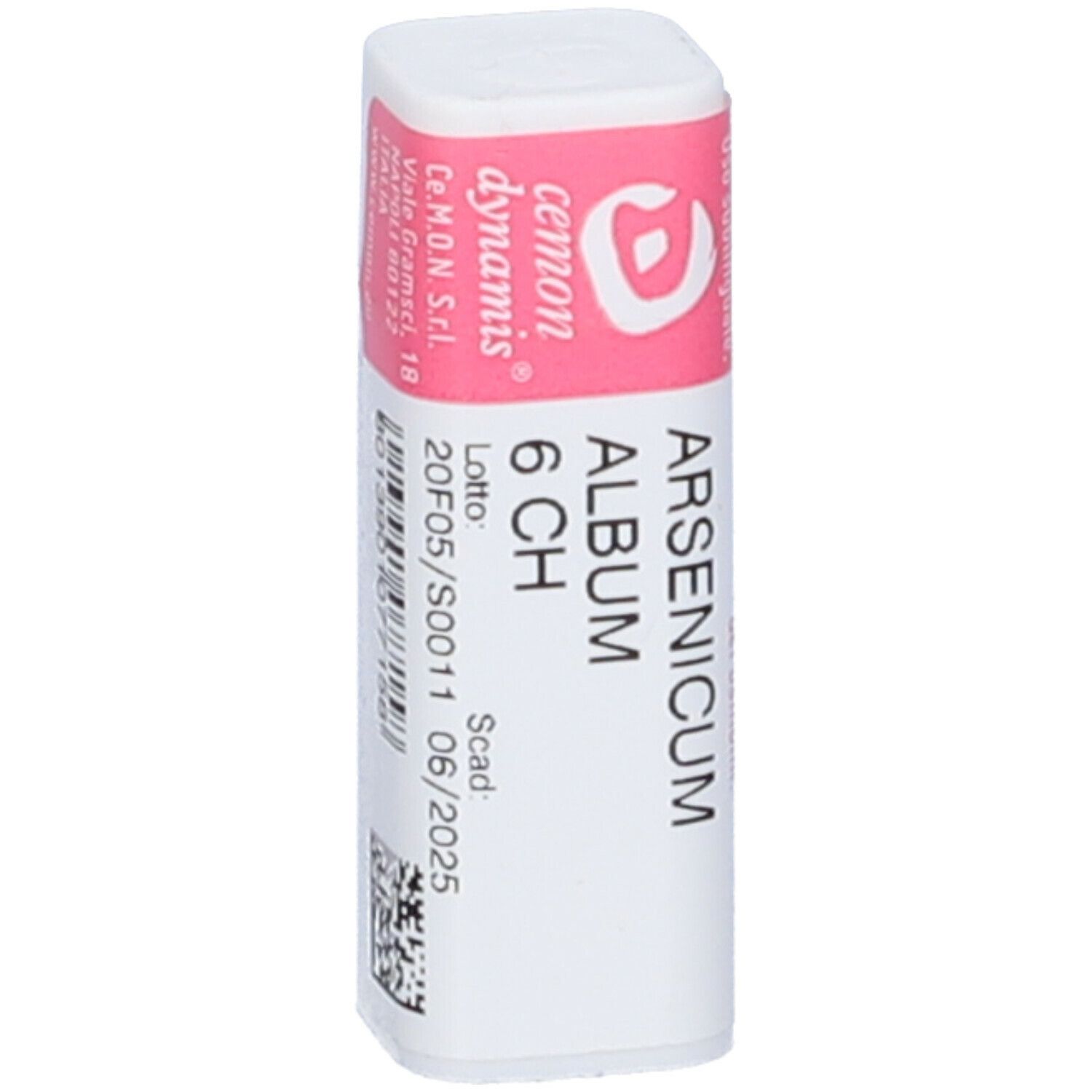 Confezione cilindrica bianca con etichetta rosa. Scritta: Arsenicum Album 6 CH.