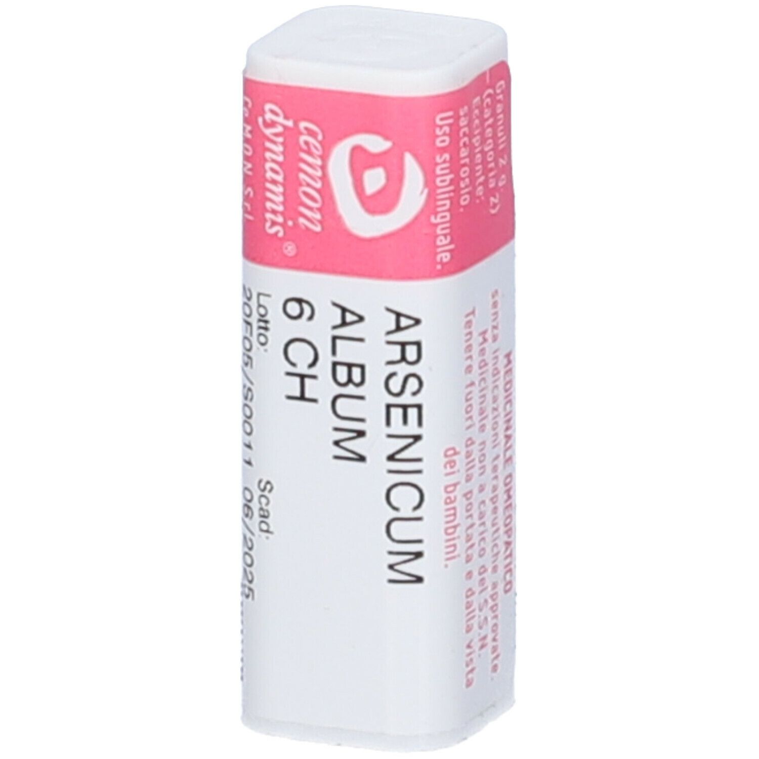 Confezione cilindrica bianca con etichetta rosa. Scritta: Arsenicum Album 6 CH.