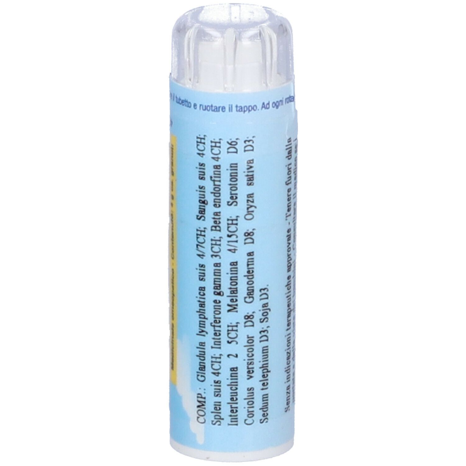 Confezione cilindrica. Ingredienti: Glandula lymphatica suis 4CH, Sanguis suis 4CH.