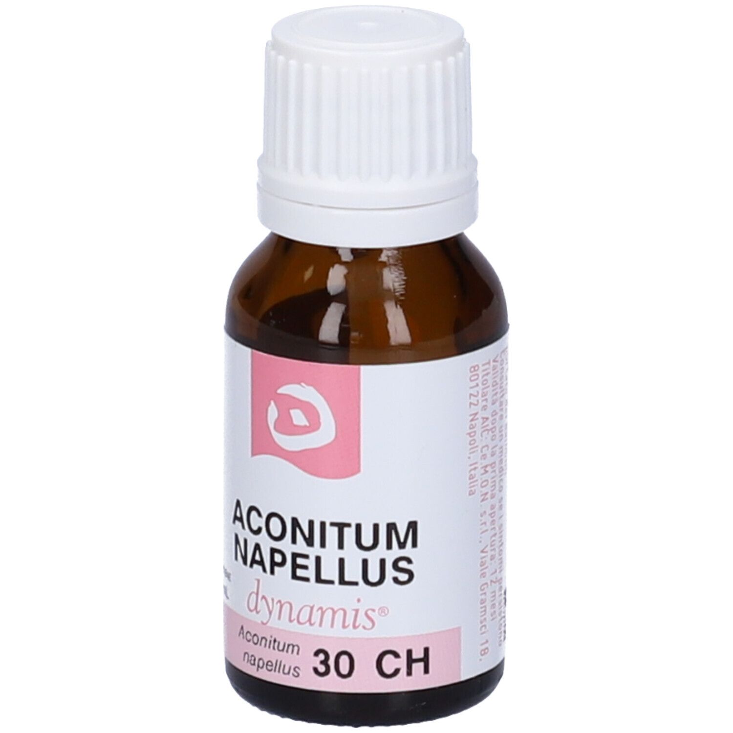 Flacone di vetro marrone con tappo bianco. Etichetta con nome del prodotto e dettagli rosa. 30 CH.